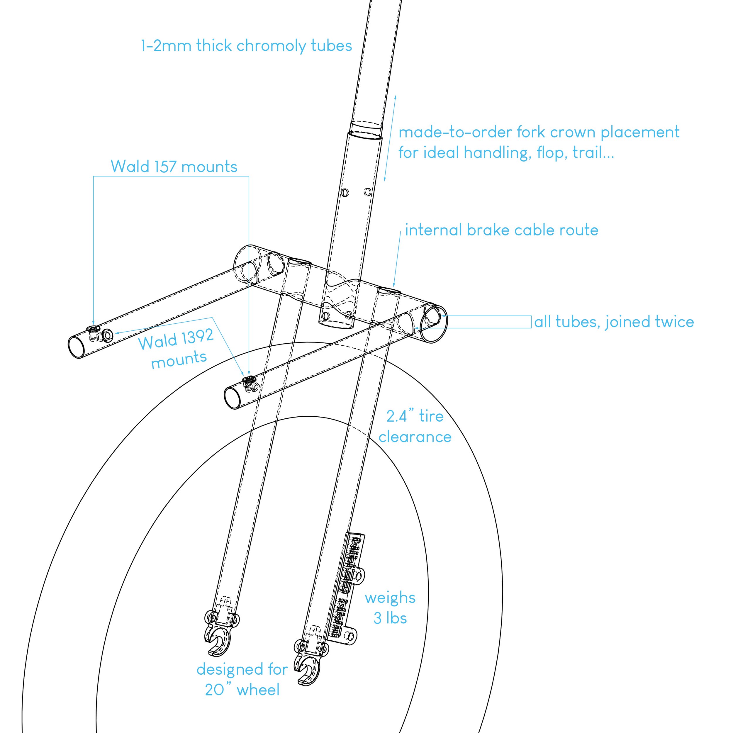 Material: tig-welded chromoly tubing, 1-2mm thick walls Finish: choice of single color powder coat, vein texture recommended for its durability Weight: 3 lbs Load capacity: not officially tested, rode with 30lbs all summer, selected tubing diamet