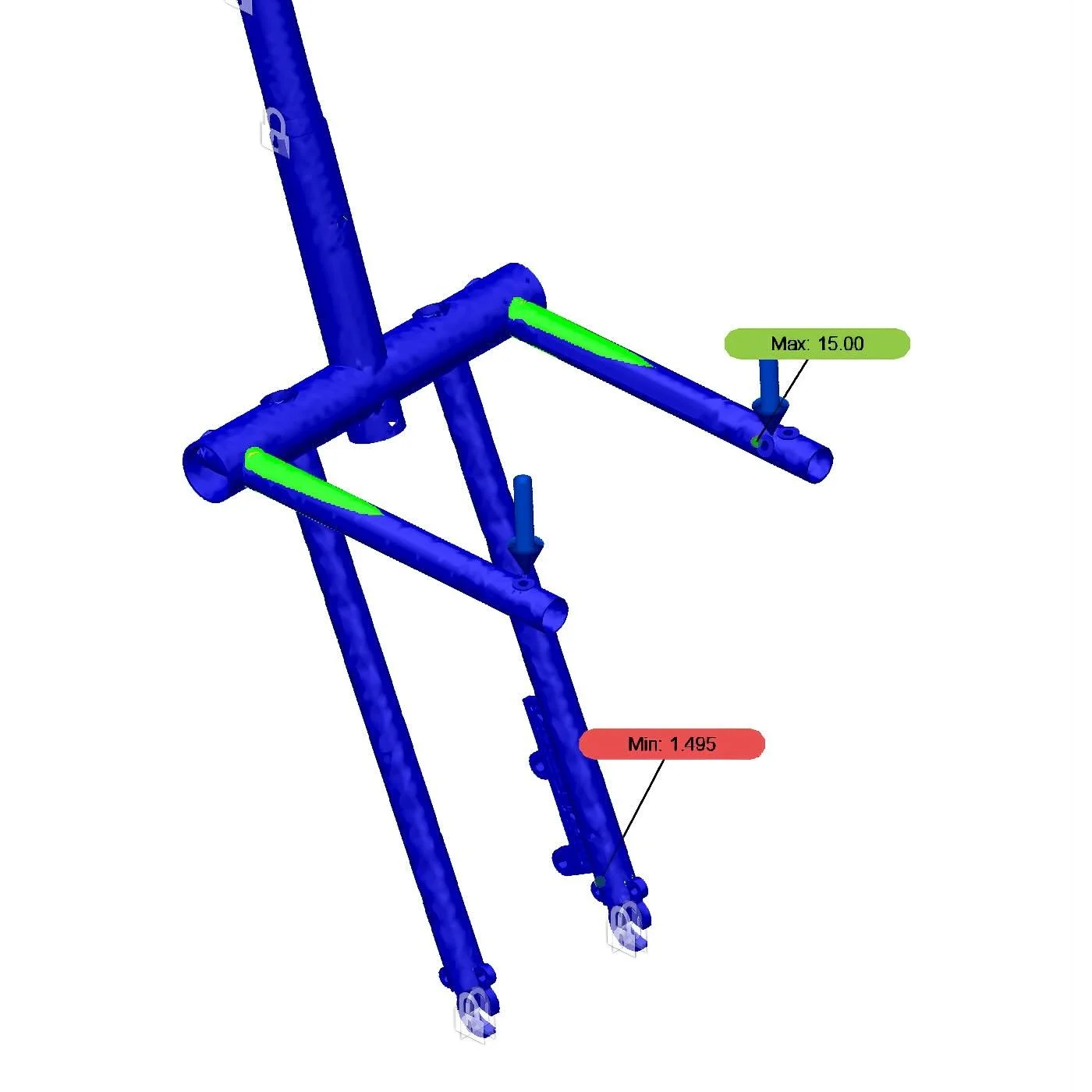 Thank you, @brackishcycles Austin, for your Finite Element Analysis on the Fourk!
Things I learned:
+if the blades and steerer are locked, the arms can support over 350lbs of weight.
+with typical riding conditions, 75lbs cargo load is the max recomm