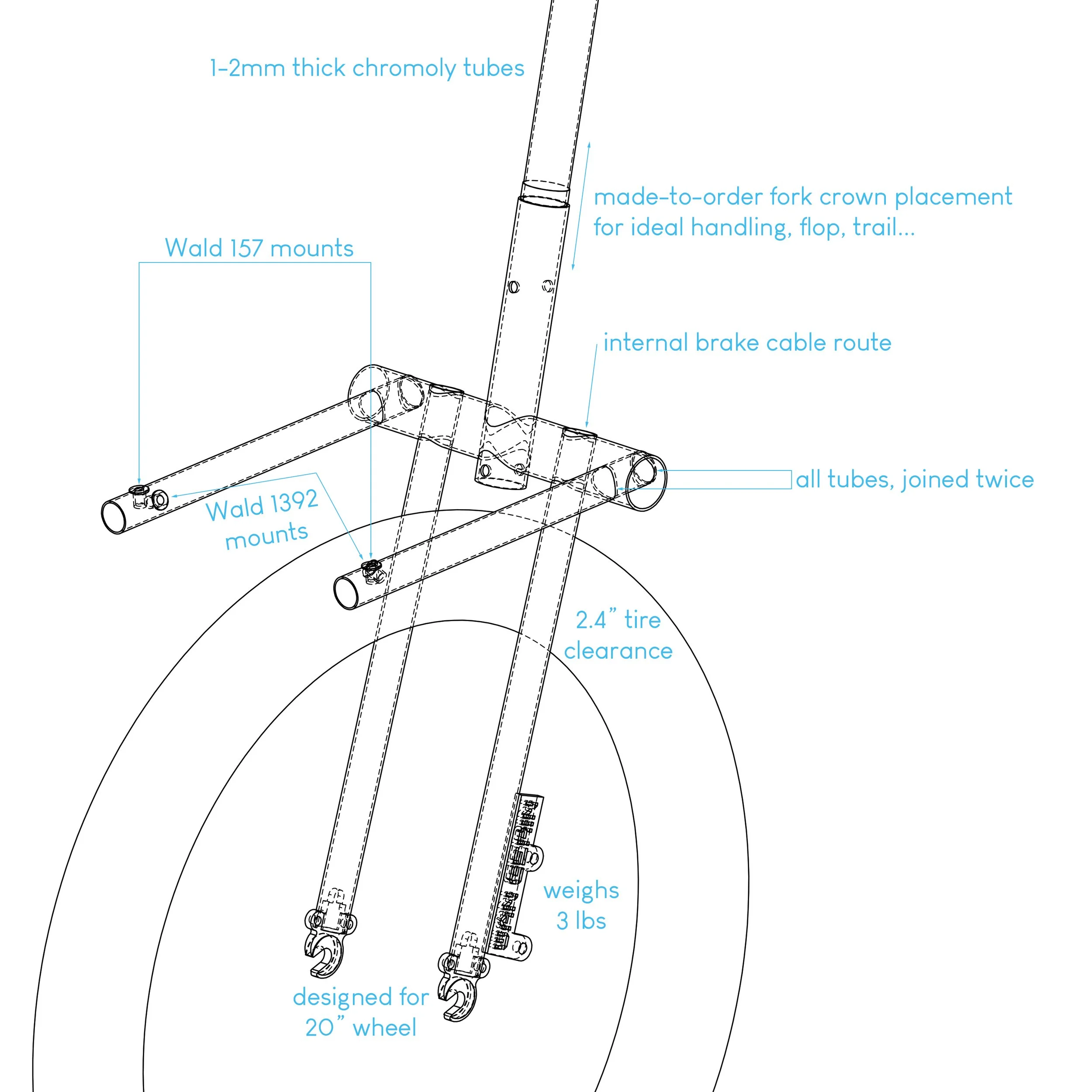  Material: tig-welded chromoly tubing, 1-2mm thick walls, handmade in Chicago IL.  Weight: 3 lbs  Load capacity: 75lbs maximum recommended weight.&nbsp;  Fork offset: 28.5mm  Steerer: threadless, 1" or 1.125”  Axle-to-crown: 440mm  Wheel: 20" with 2.