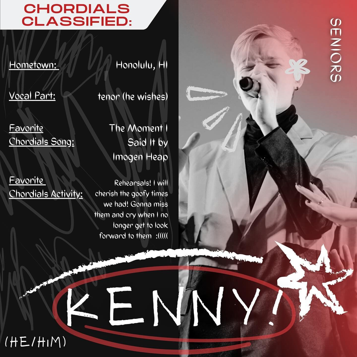To wrap up our Chordials Classified Spotlights, let&rsquo;s introduce our current Chordials senior, Kenny! 🕺☀️🍸❤️🖤

If you&rsquo;re interested in learning more come to our arch sing at RPCC tonight at 7pm, and be sure to check out our audition inf