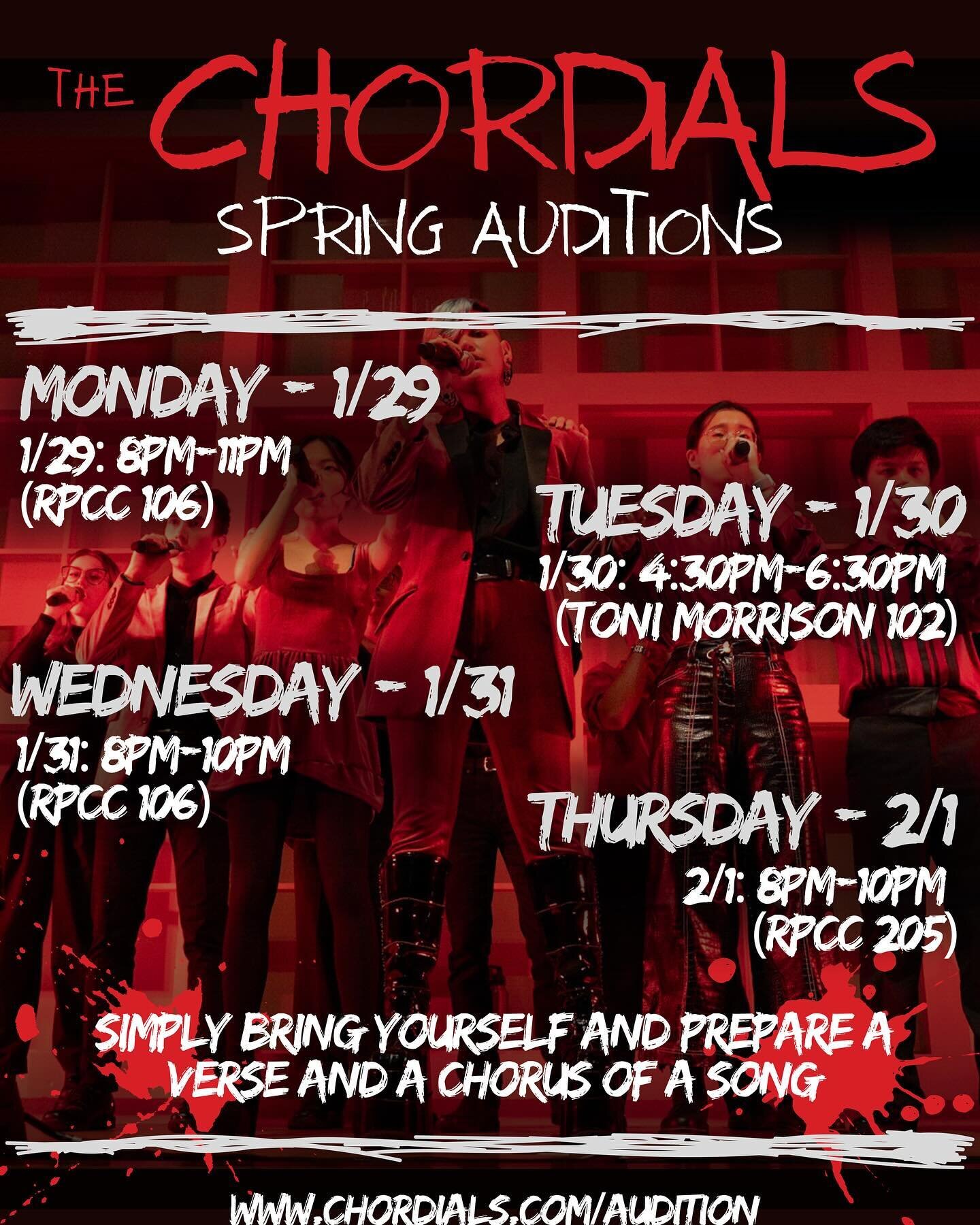 🗣️IF YOU DONT KNOW NOW YOU KNOW 📢 Spring auditions for THE CHORDIALS 🍸 begin TONIGHT❤️🖤 All you need to audition is yourself, and a verse and a chorus of a song 🎶🎵🎤 We can&rsquo;t wait to hear you sing 🕺💃

Swipe to hear a full song from last