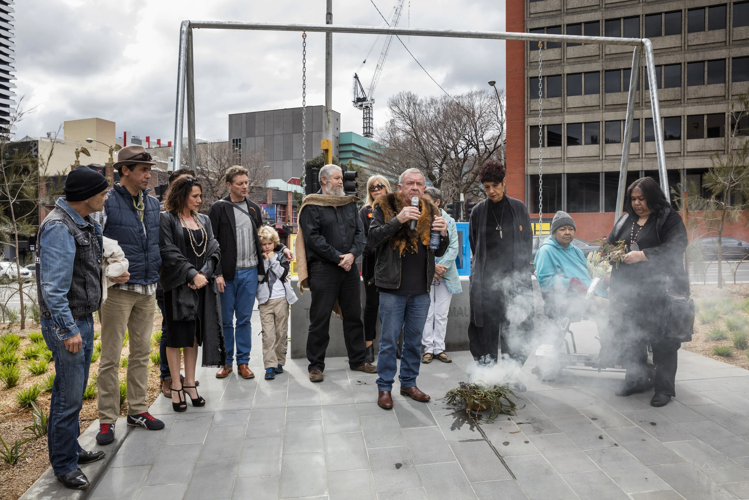 Launch of Standing by Tunnerminnerwait and Maulboyheenner, by Brook Andrew and Trent Walter, commissioned by City of Melbourne, 2016. Photograph by Dianna Snape.