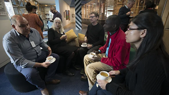 Lyndon Ormond-Parker, Marcia Langton, Brook Andrew, Nelson Abiti and Savina Sirik at the Koorie Heritage Trust. Photo: Polly Stanton.