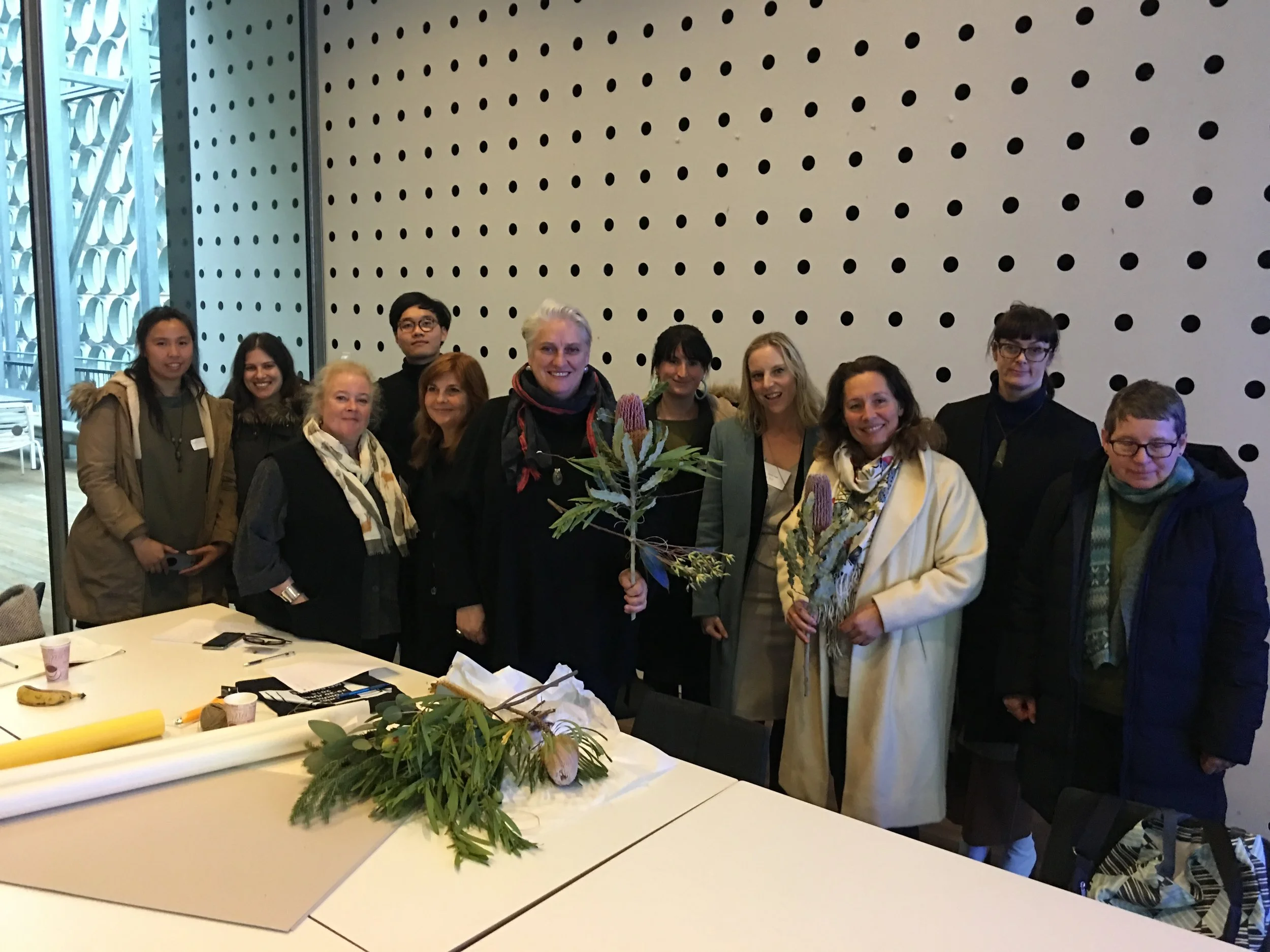 RMIT Students and landscape architects Katrina Simon and Nicky McNamara with forum delegates and participants: Annie E. Coombes, Emma Nicolson, Ruth Langford, Julie Gough, Emma Hope, Jo Mair, after workshopping the proposed Truth and Reconciliation Park, for the redevelopment of Macquarie Point in Hobart. Photo: Brook Andrew