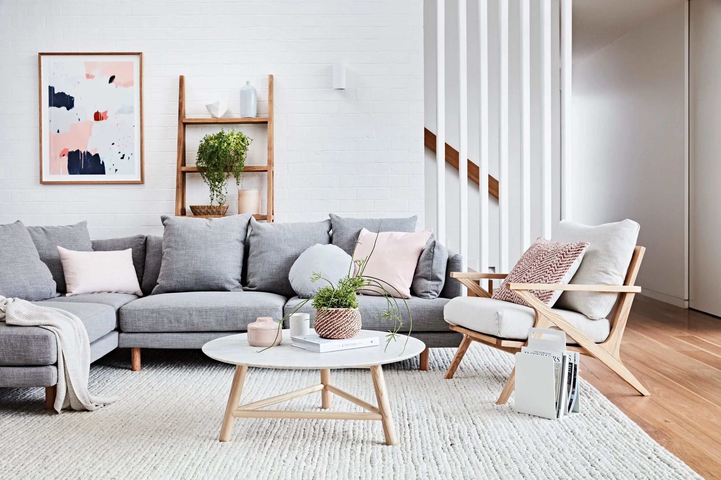The Vittoria Iris Sofa, Vittoria Folk Occasional Chair, Aura Bobble Rug, Slone Tri Marble Coffee Table and Sonoma Ladder. All pieces by GlobeWest and available for purchase through Minted Interiors - email tess@mintedinteriors.com for a quote.