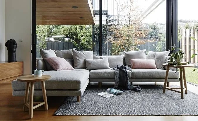 The Vittoria Iris Chaise Sofa by Globewest. This style comes in different sizes and configurations to suit almost any space. It also has commercial stain resistant technology built into the material and removable covers if you ever need to throw one through the wash, so it's perfect for little kids, which is exactly why we have one at our place!
