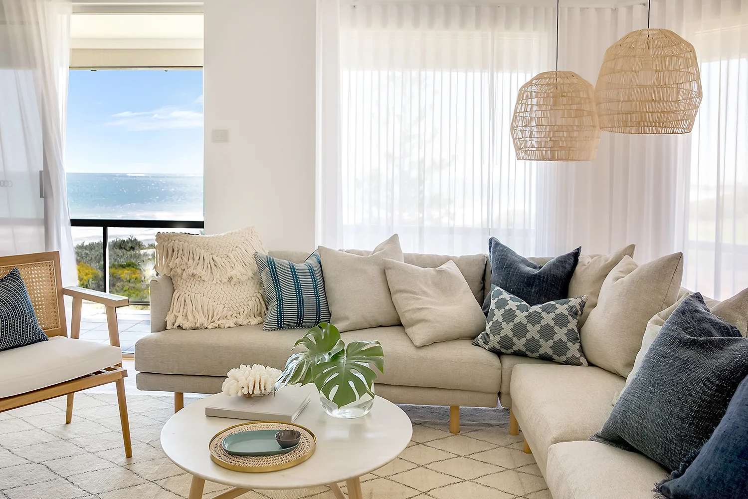AFTER: The combination of navy with neutrals and natural materials creates a particularly calming theme. Styling and design by Tess Beagley Minted Interiors , Photography by Carrie Young Photography