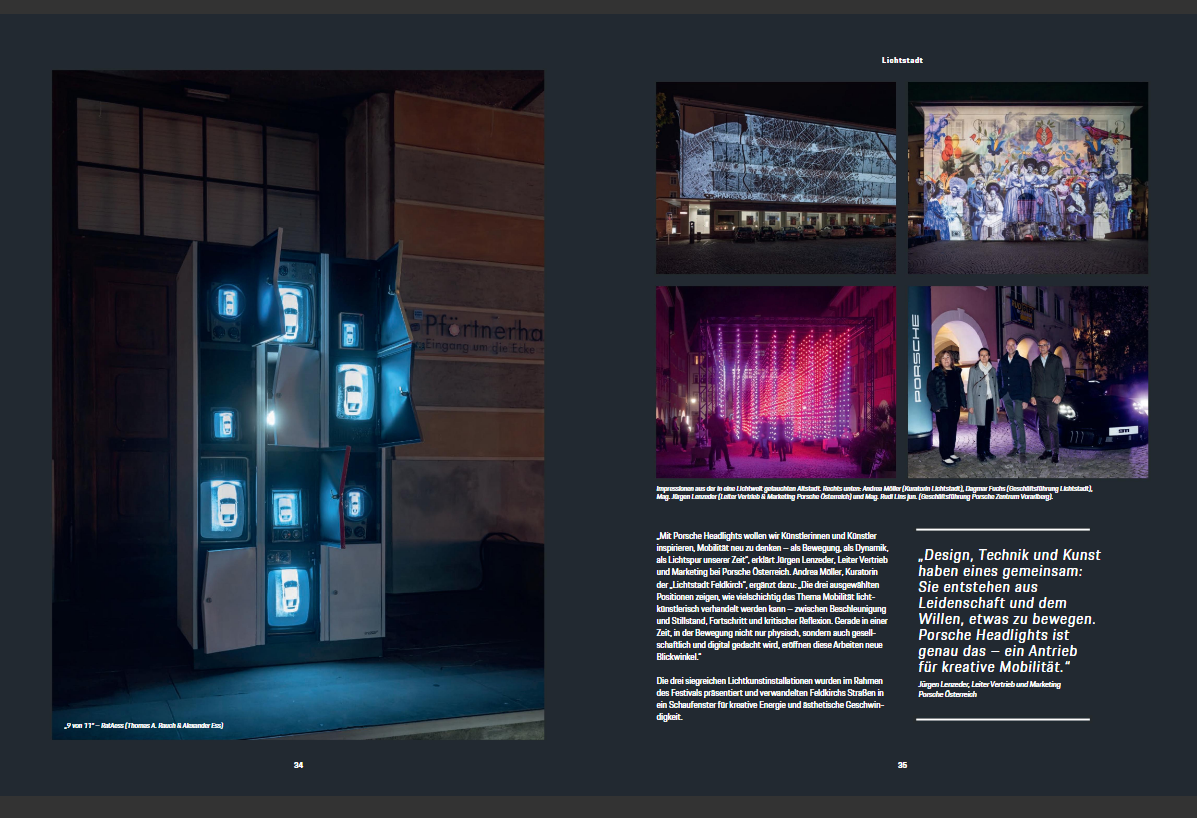 Bericht im Porsche Magazin über unser National ausgeschriebenes Gewinner Projekt 9 von 11  und präsentation bei der Lichtstadt Feldkirch 2025