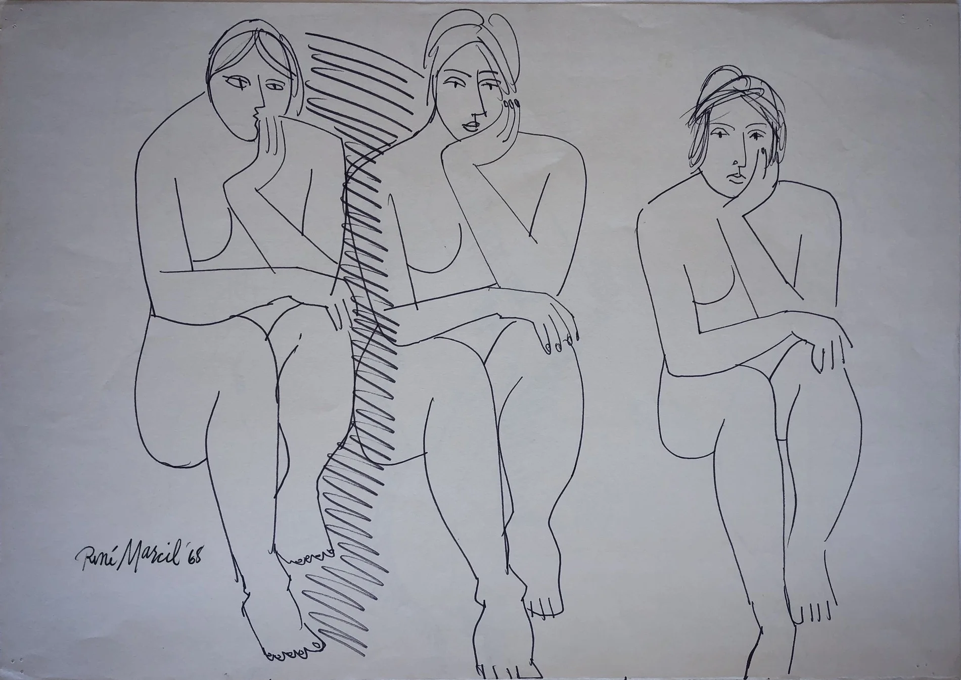René Marcil Three Figures Ink on paper (sketch on verso, shown below) Signed, dated lower left 1968 16.5 x 23.25 in $1,800