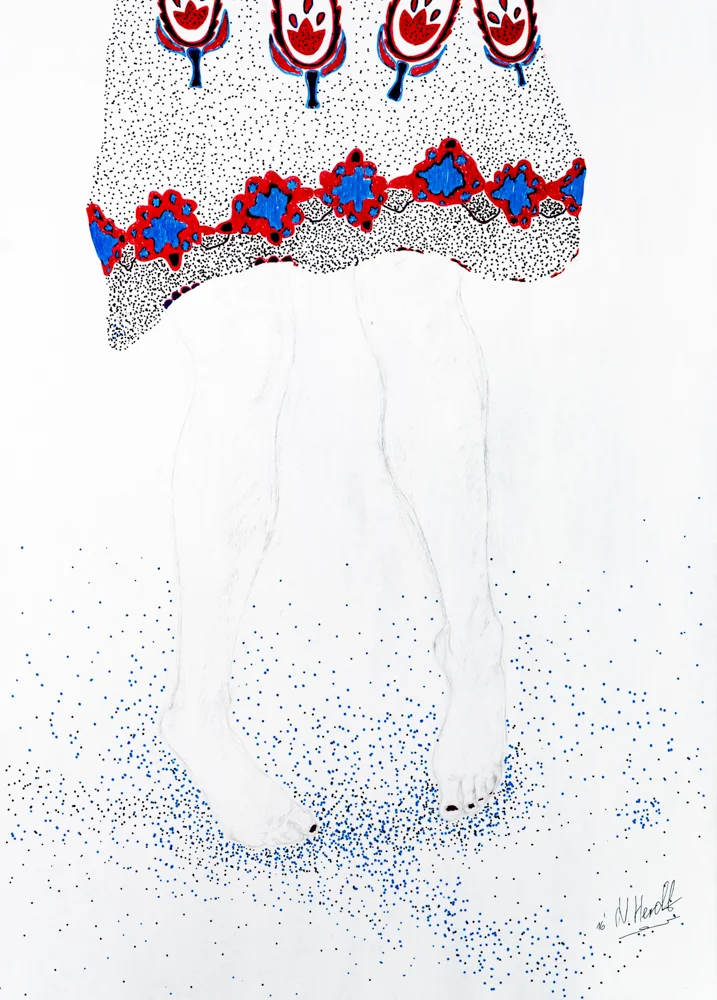 Zeichnungsreise - Bild 1, 2016 50 x 70 cm, Pappwabenplatte grundiert, Bleistift, Tuschestifte, Nagellack