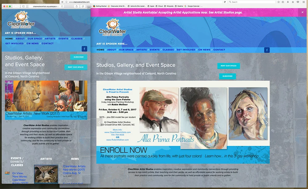 The new ClearWwaterartists.com homepage, shown in two different browsers and at two different sizes, This demonstrates the responsive Design, which adapts automatically to the size of the viewer's screen and platform.
