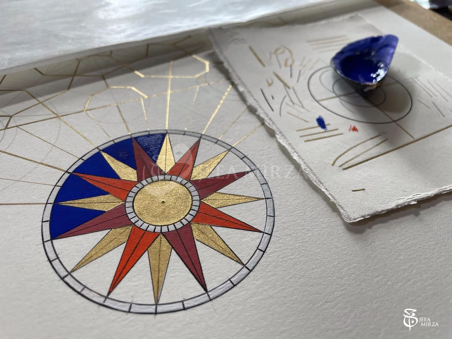 Feeling blue. 

.
#jeeamirza #manifestingtheunseen #pigments #islamicart #compass #moralcompass #gold #illumination #rulerandcompass #savepalestine