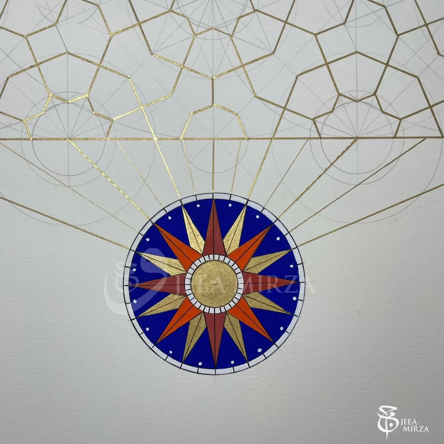 Looking for light. 

Celestial Navigation I. New work for @manifestingtheunseen 

#jeeamirza #manifestingtheunseen #compass #searching #gilding #islamicart #rulerandcompass #pigments #findyourpath