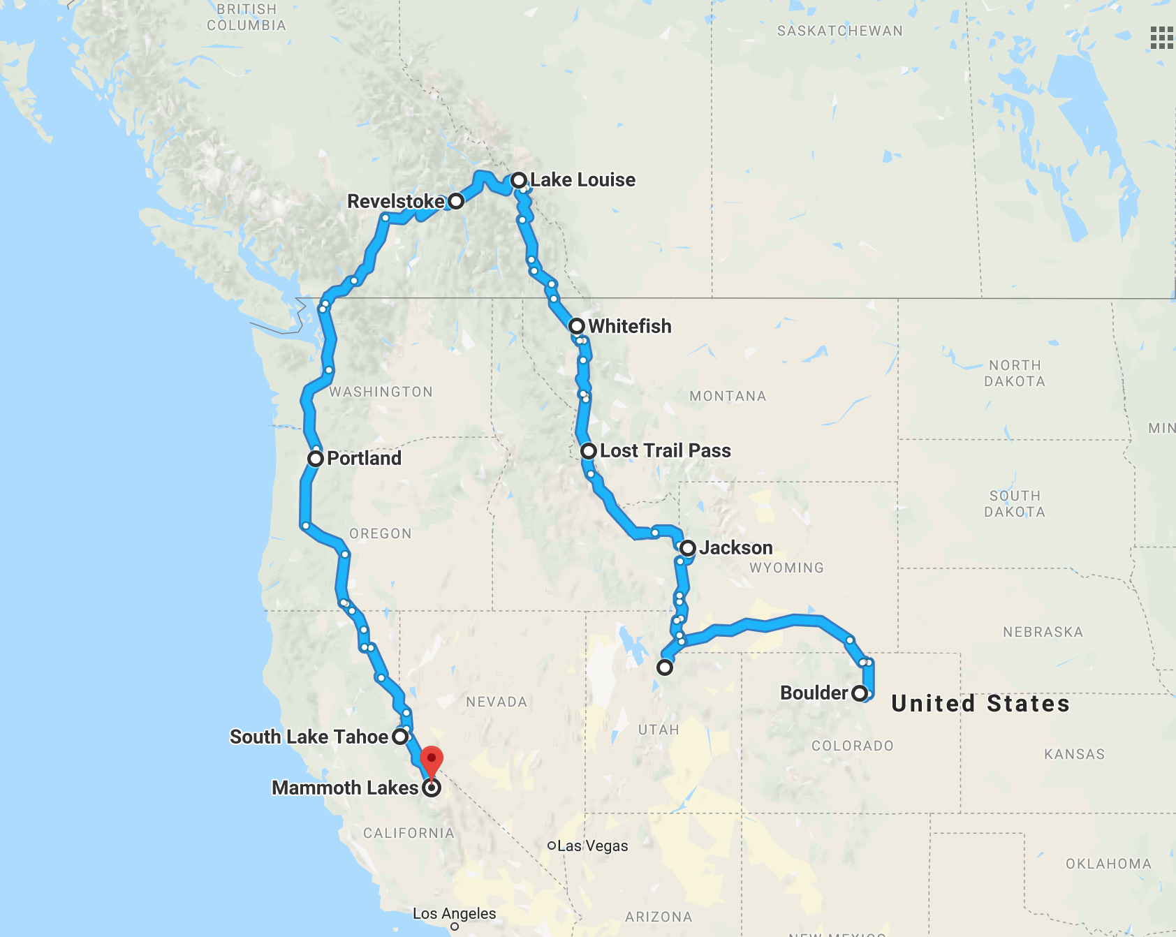 The general route of our roadtrip +/- a few roads, side trips and backtracks.