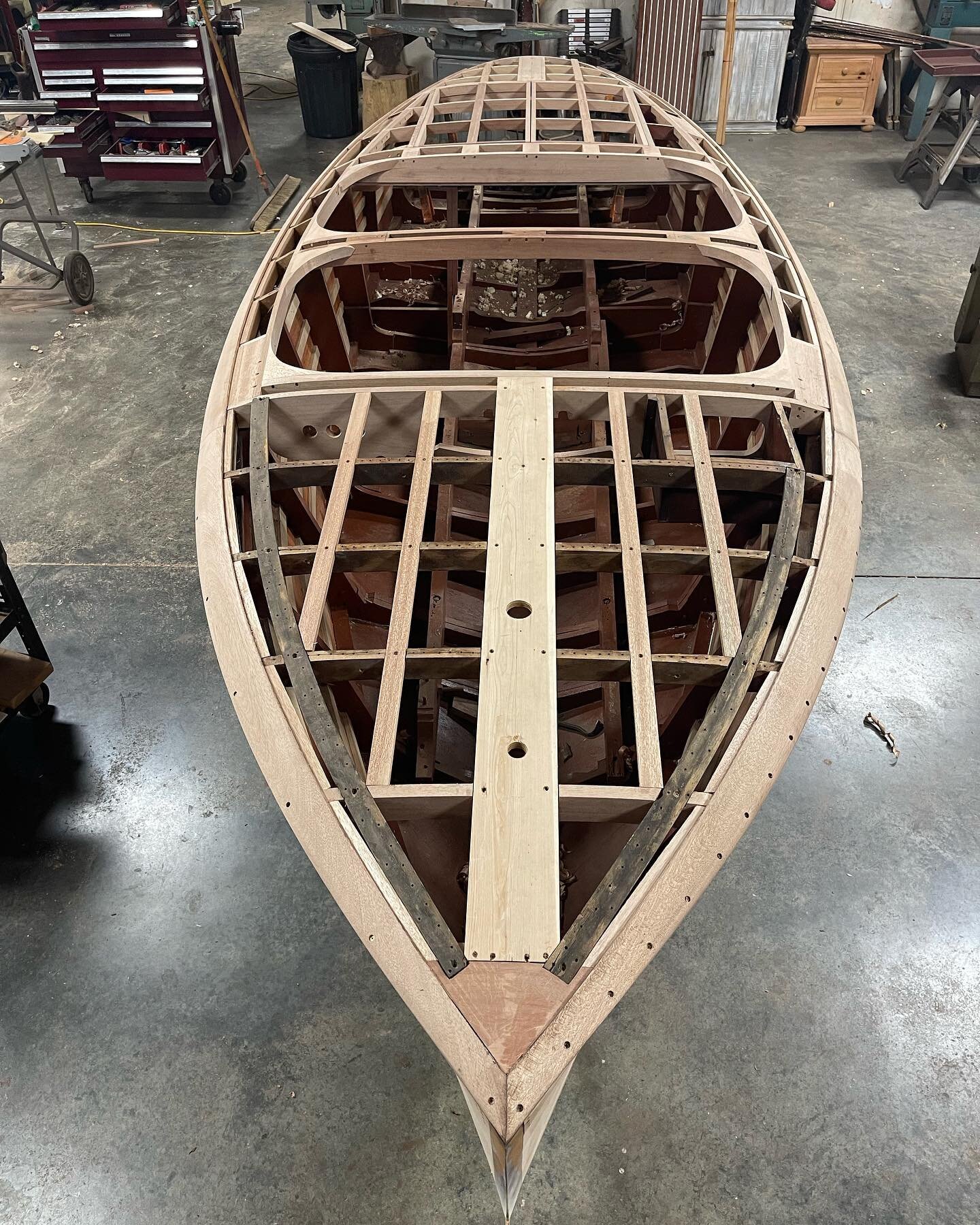 Deck framework on  a 1940 Chris Craft Barrel Back.  Hull no 645. The first 19’ Custom of 1940.