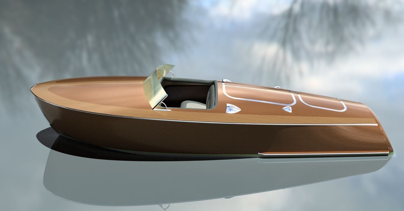 Riva Corsaro ,  3D modeling ,,, I modeled this hull this week . Still have a few things to do as far as hardware goes , but its close.  Not the best at setting up a rendering environment. Modeled in Rhino 3D. #riva,#3dmodels,#woodenboat,#3dart,#chris