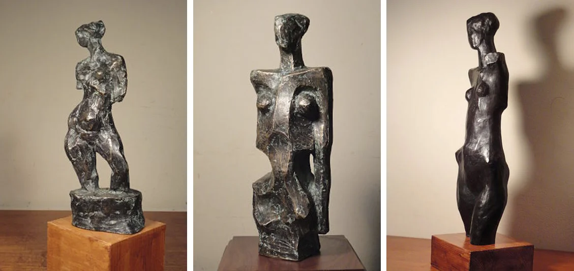 Left: Standing Figure , cast bronze, 8.5 inches high, 2018 Center: Standing Figure , cast bronze, 10 inches high, 2018 Right: Standing Figure , cast bronze, 26 inches high, 2016