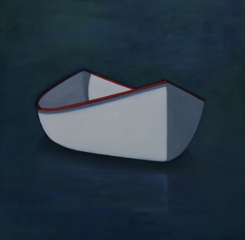 White Canoe Turned Right, Red Edge, oil on canvas, 48 x 48 inches