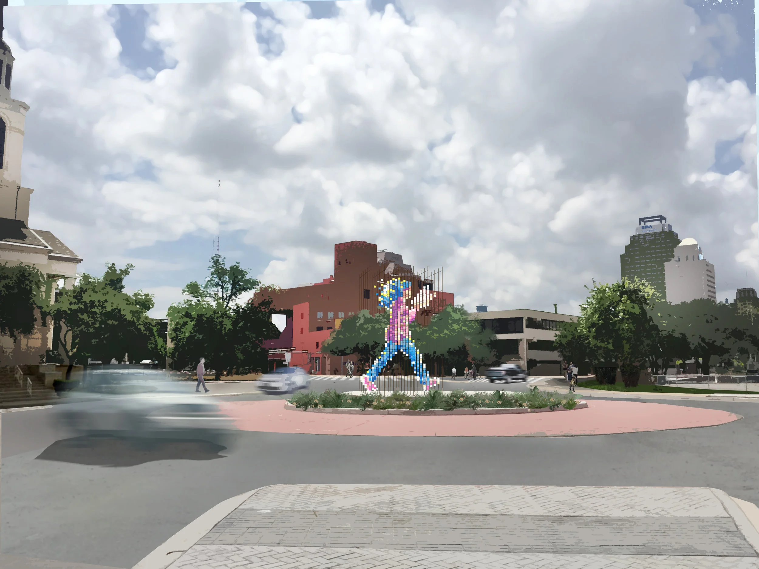 On approach to the library and downtown from San Pedro Avenue, the tabs align to form a colorful pixelated image of a figure walking, captivated by a story.