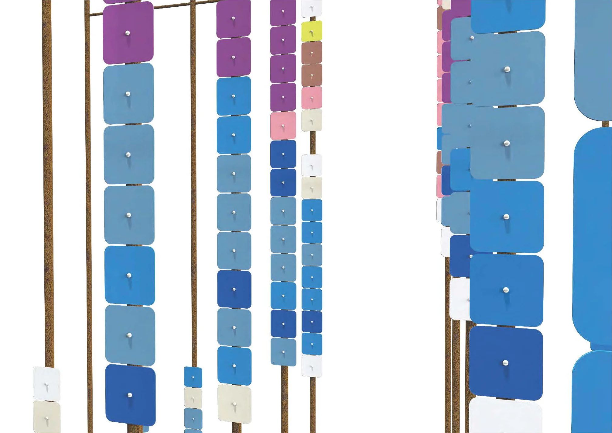 Detail of powder coated colored steel tabs
