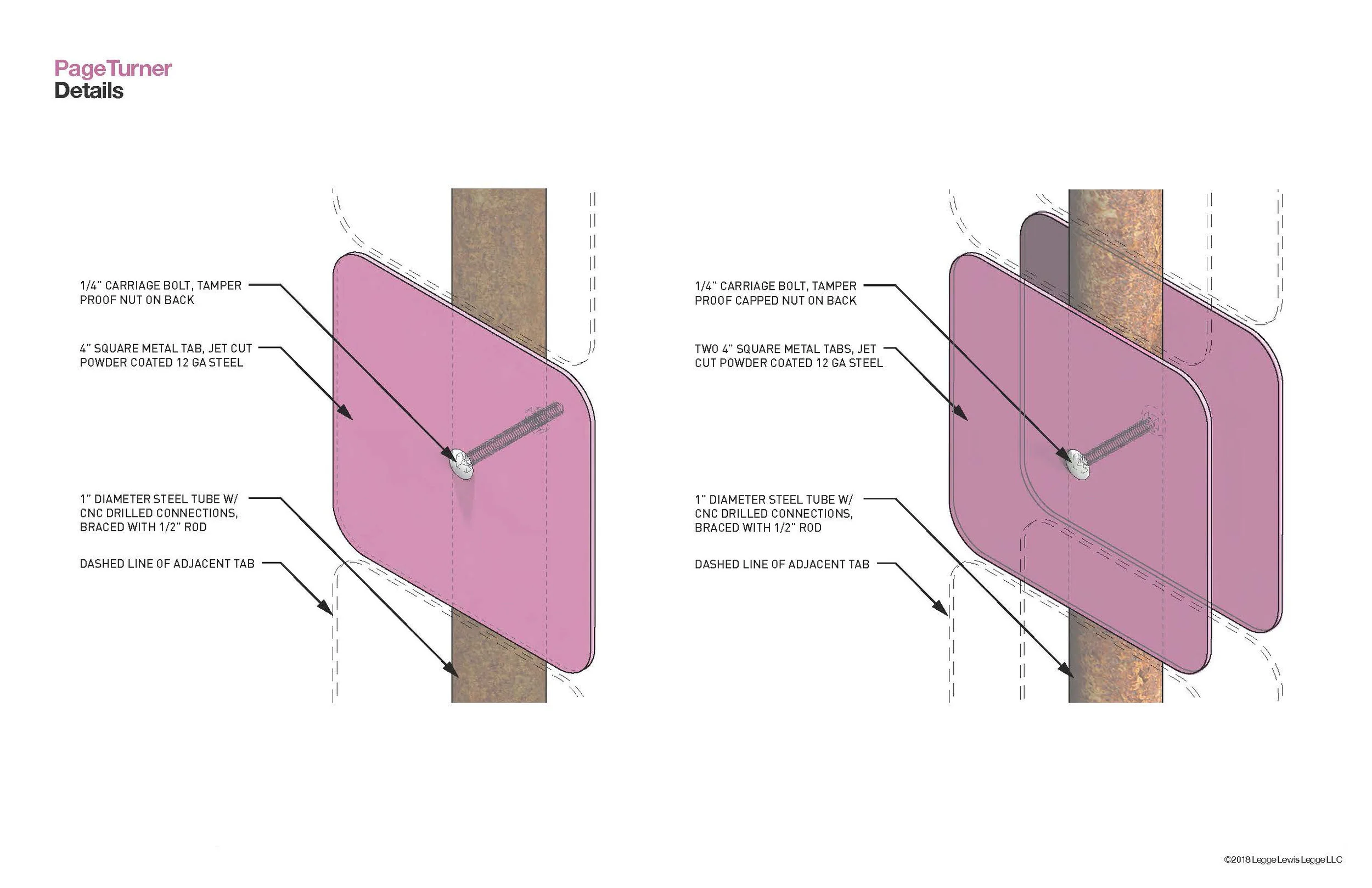Materials, steel tab to rod attachment detail: left: single-side tab attachment, right: alternative scheme of double-sided tab attachment.