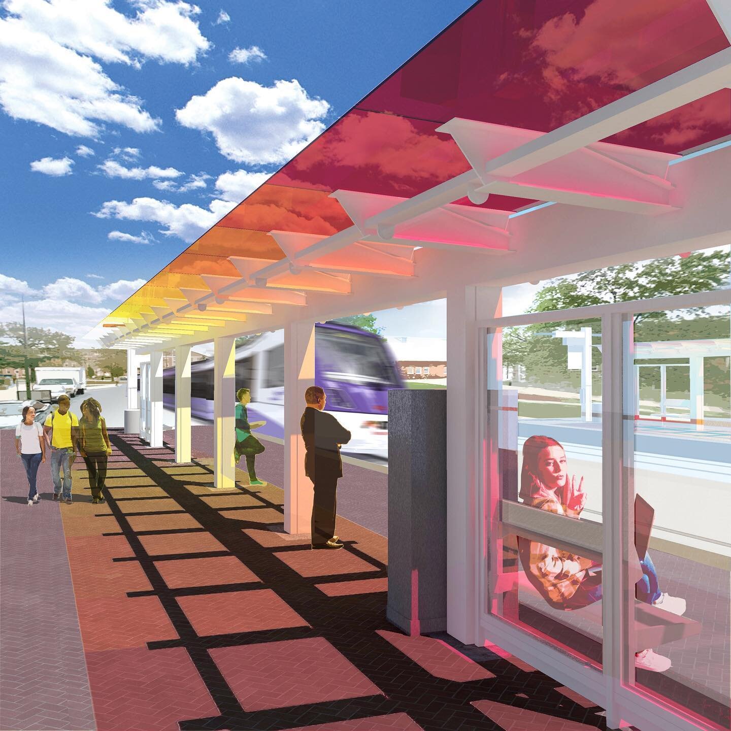CHROMAZONE. A project for the new Purple Line Light Rail system, University of Maryland campus stop. A transforming layered glass canopy in colors of the university also serves as wayfinding on the platform. Soon to be installed. 

#purpleline #purpl