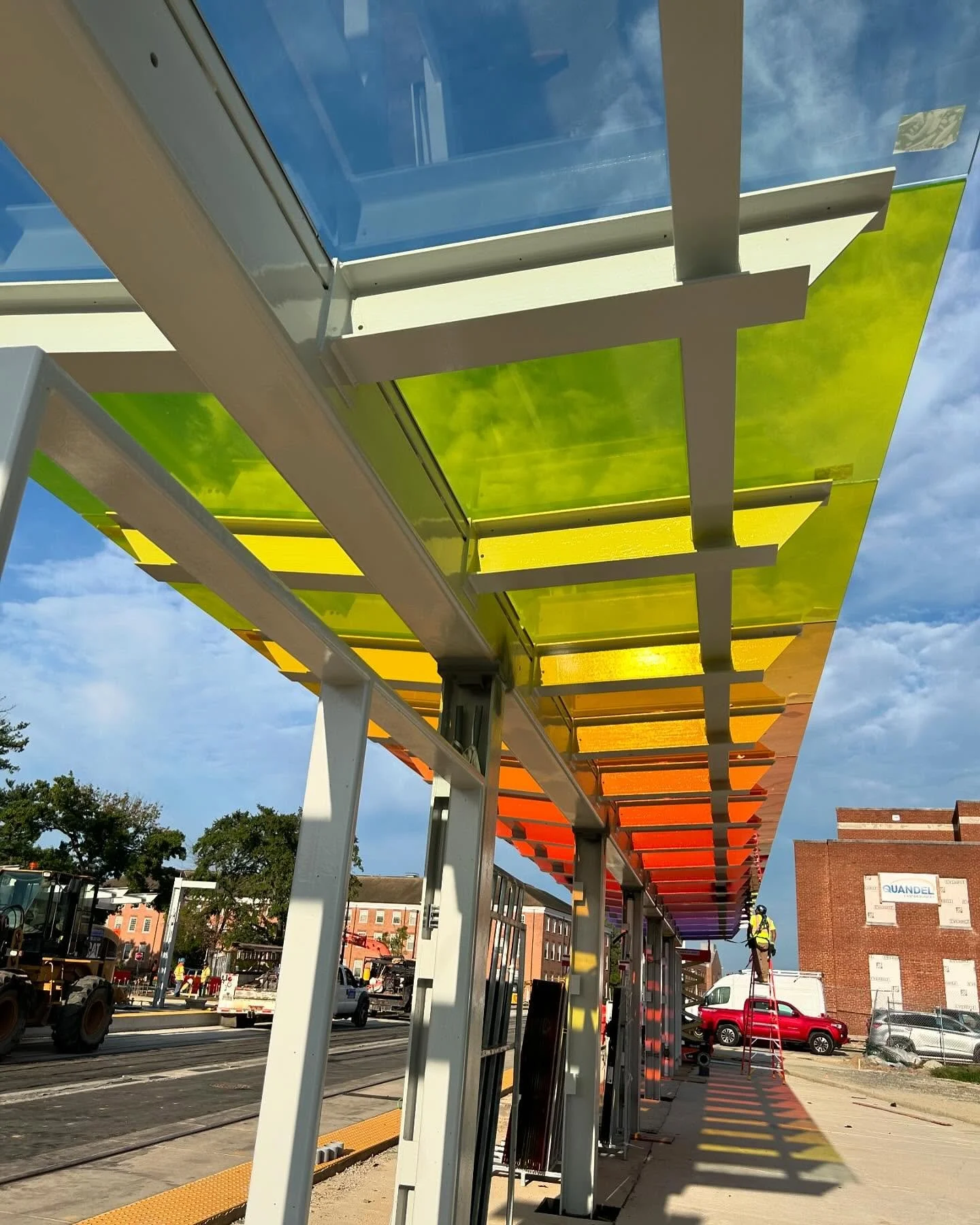 &lsquo;ChromaZone&rsquo; public art install at University of Maryland Campus Center Station of new Purple Line light rail line in Maryland. Project acts as platform wayfinding and alters color of anything below. Thank you @purplelinemd #universityofm