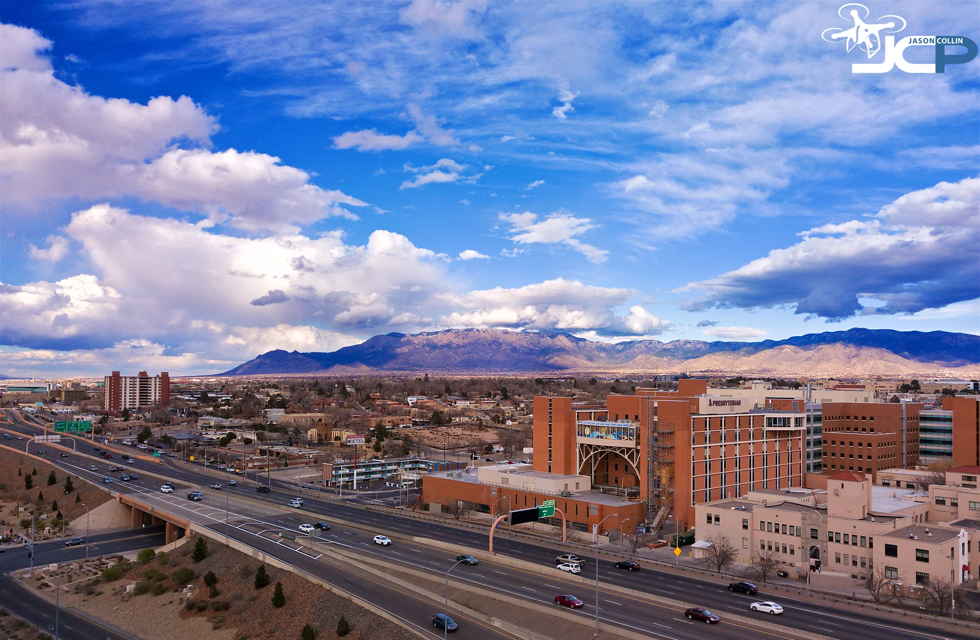 Drone Photo of Albuquerque New Mexico showing I-25 and Sandia Mountains - photo by DJI Mavic Pro with Polarpro ND4 filter