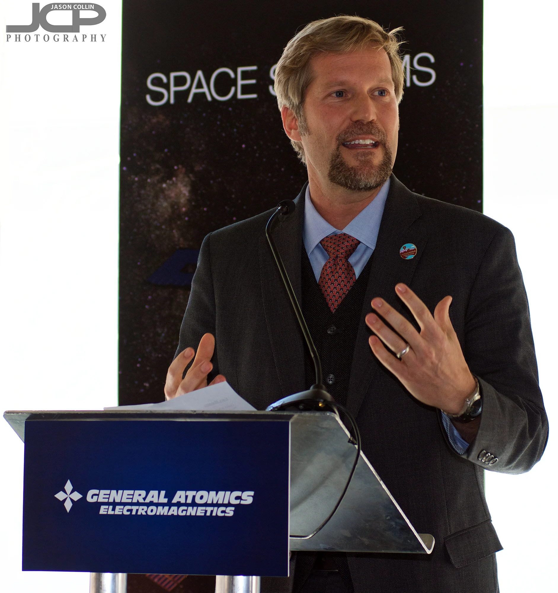 Albuquerque New Mexico Mayor Tim Keller speaks at the General Atomics grand opening event