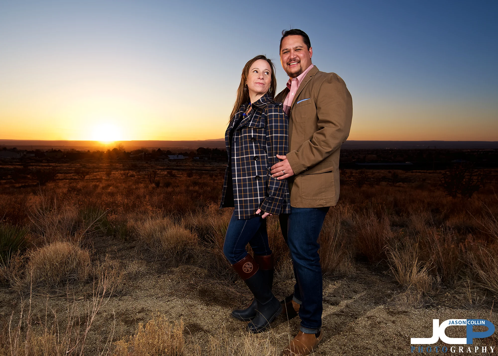 Romantic sunset couple portrait in Albuquerque New Mexico - Nikon D750 with Tamron 15-30mm @ f/6.1 1/160th ISO 100 - Strobist: SB-800 in 32" octosoftbox and SB-600 with cap diffuser triggered by Pocket Wizard Flex TT5