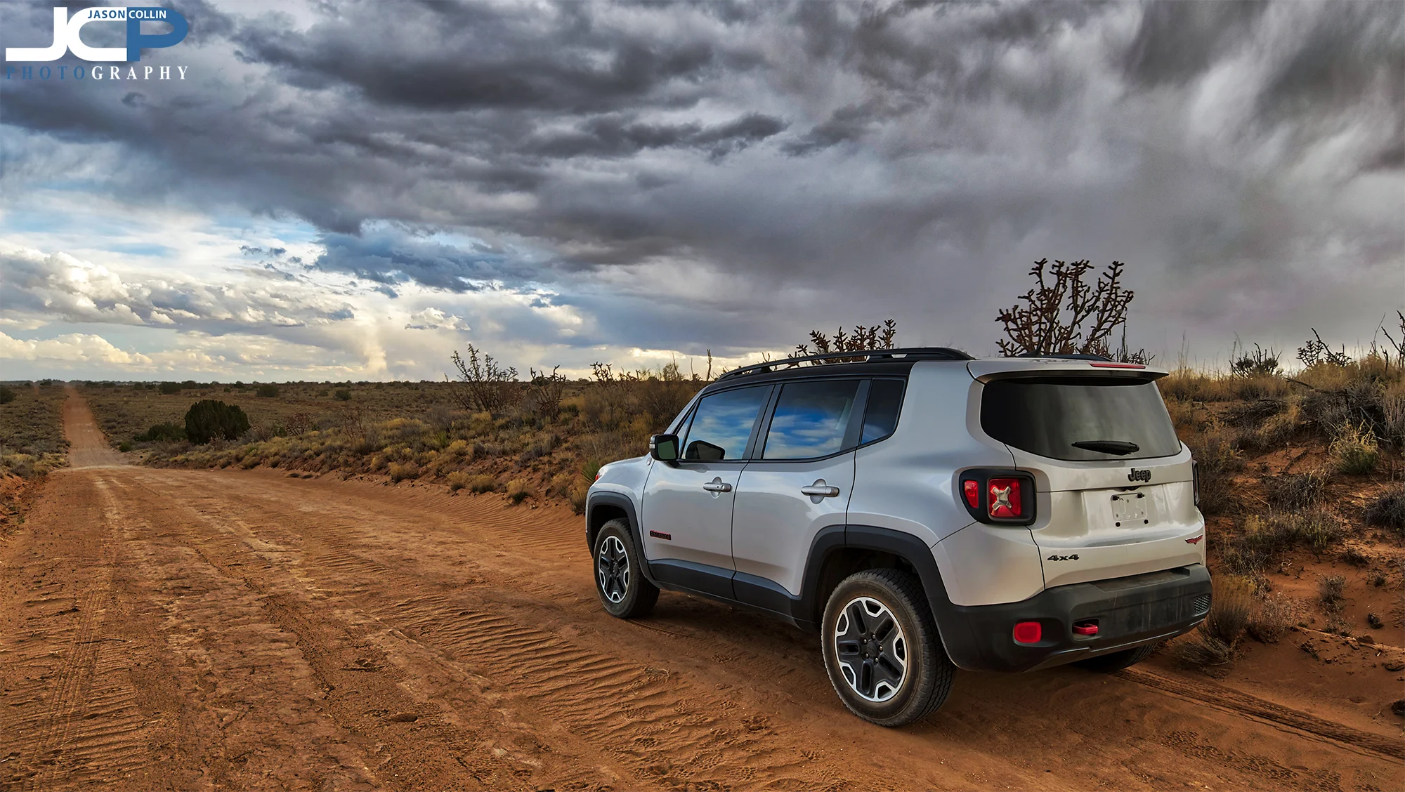 The Jeep Renegade Trailhawk out on its first rural land property shoot with me in very remote Rio Rancho, New Mexico on a stormy evening.