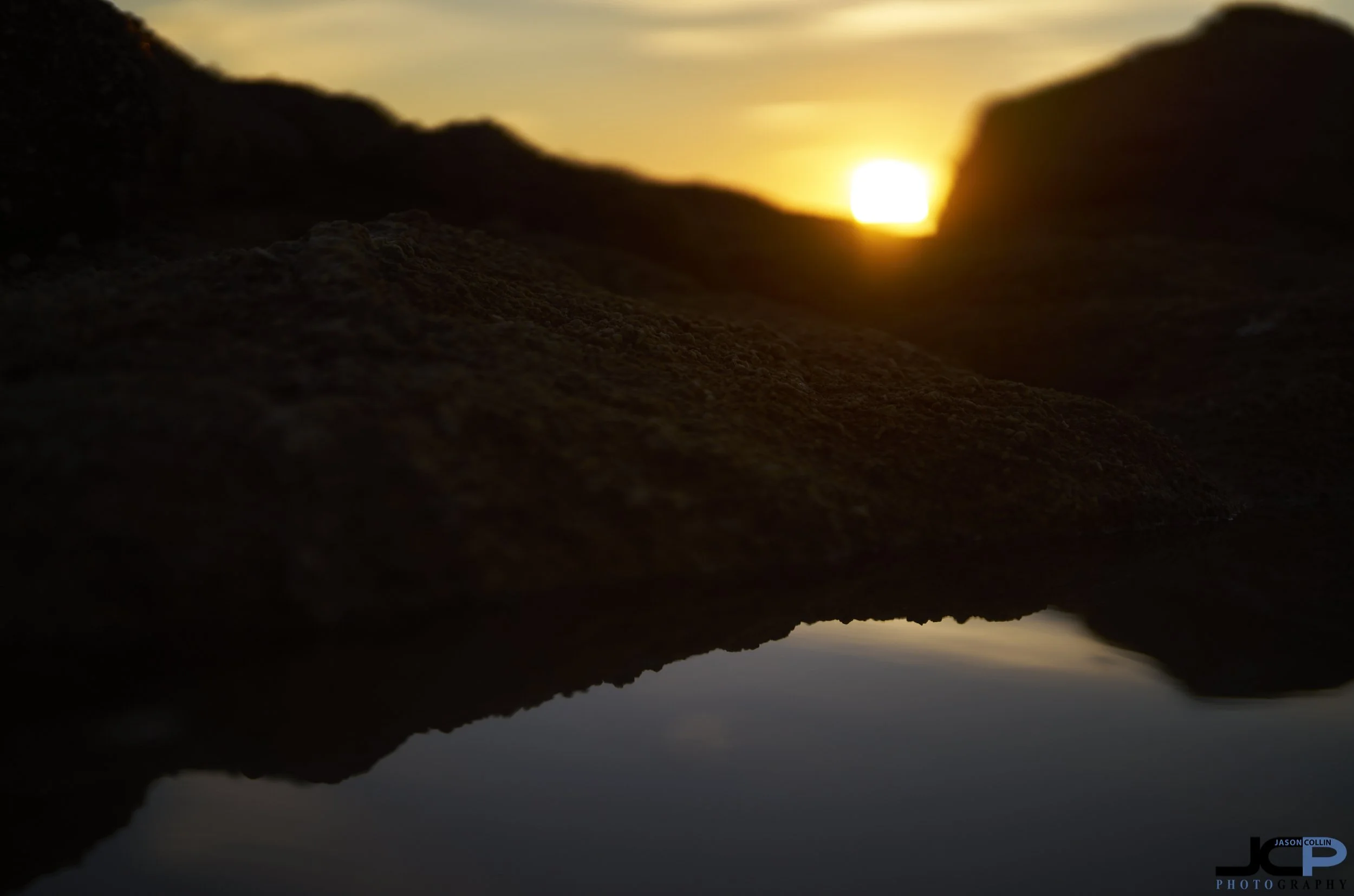 Sunset over Asilomar Beach with ocean horizon and warm golden light in Pacific Grove California