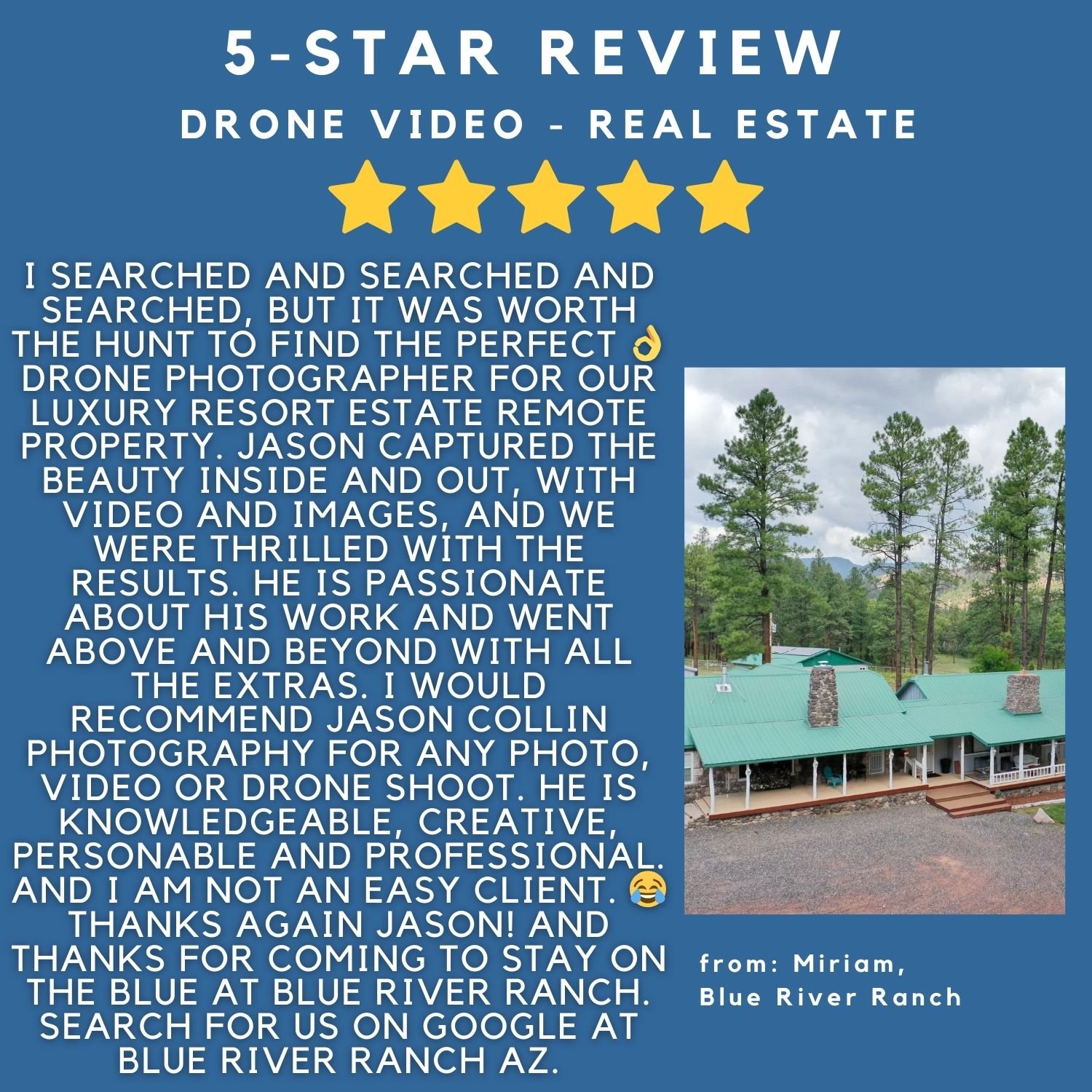 Five-star review for Jason Collin’s real estate photography and drone video featuring a professionally photographed residential property presented for sale.