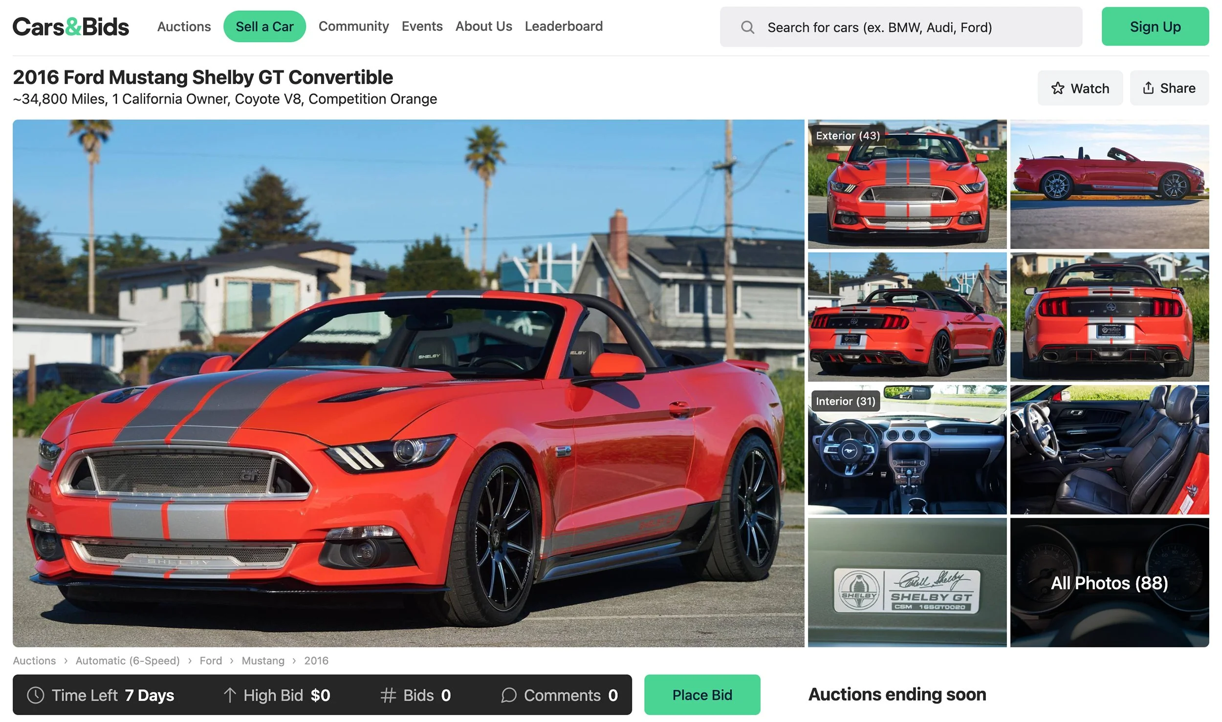 2016 Ford Mustang Shelby GT Convertible listed on Cars & Bids with professional auction photography by Jason Collin, photographed in California for an online car auction