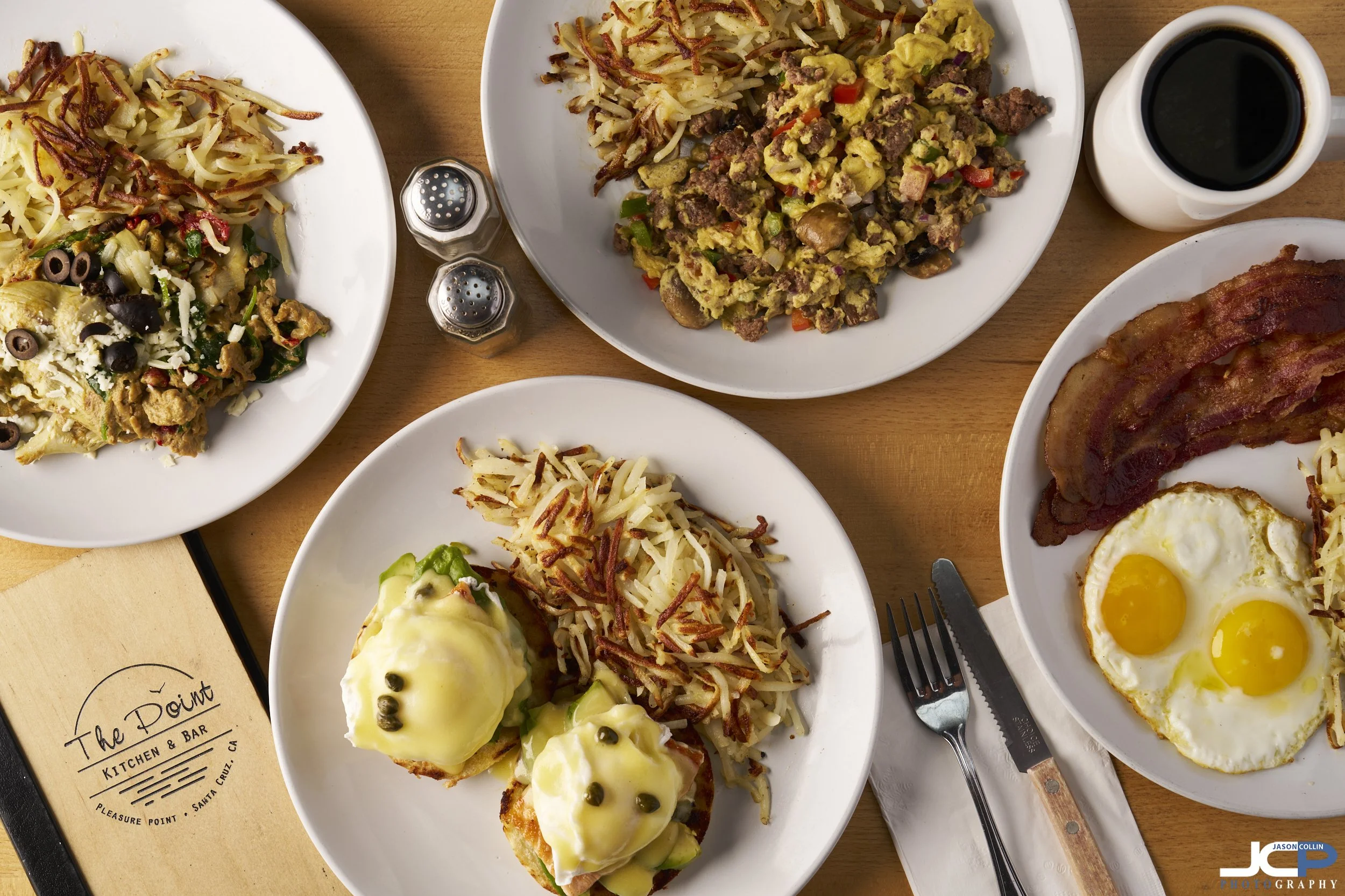 Breakfast and brunch menu items photographed for The Point Kitchen & Bar in Santa Cruz California