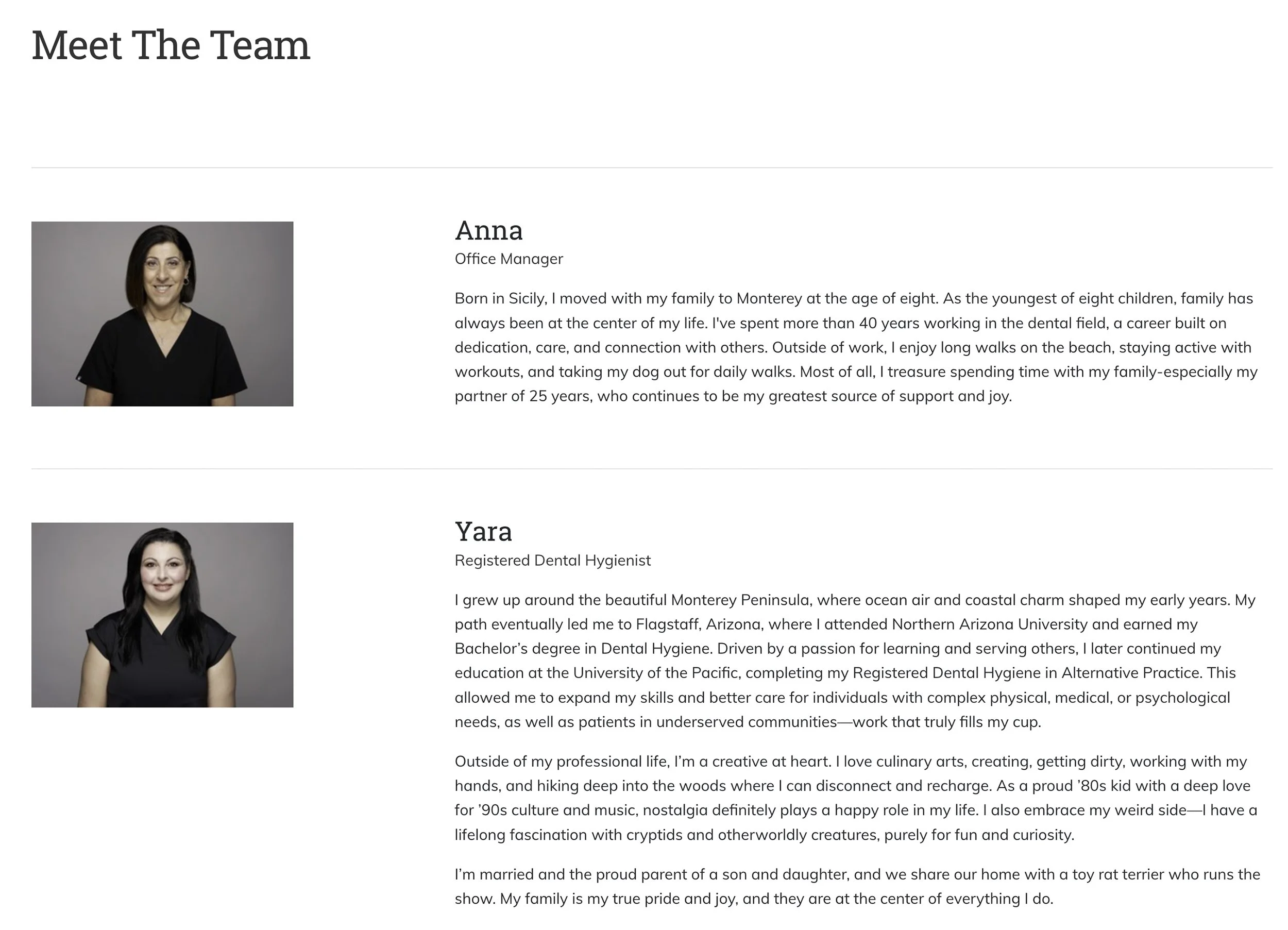 Screenshot of a Pacific Grove dental practice website using professional team headshots photographed by Jason Collin Photography.