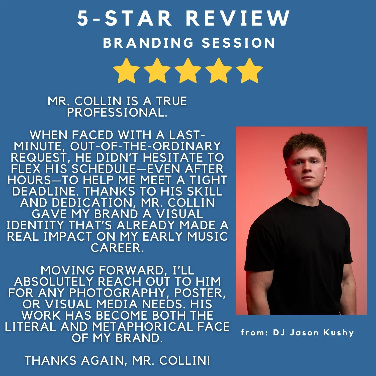 5 star review from a DJ client for branding photography made in Pacific Grove California