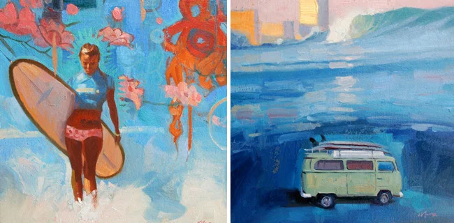 Larry Moore from Scott Hull Associates Surfology of girl on beach and VW van big wave