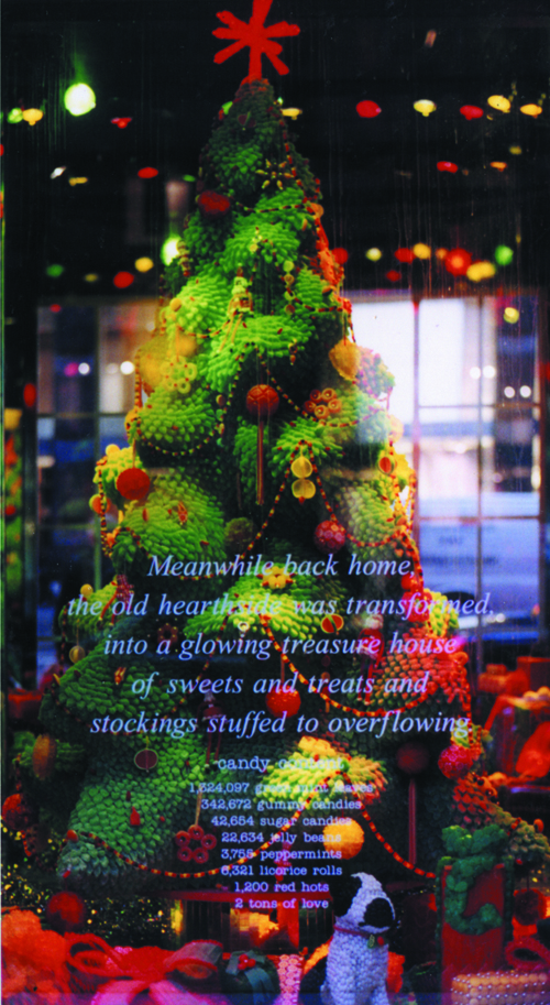 The Candy Tree I worked with a crew of 3 people sculpting and covering the tree and presents with real candy and hot glue. I designed and made all the ornaments as well as the presents. It was made for Bloomingdales Christams Windows.