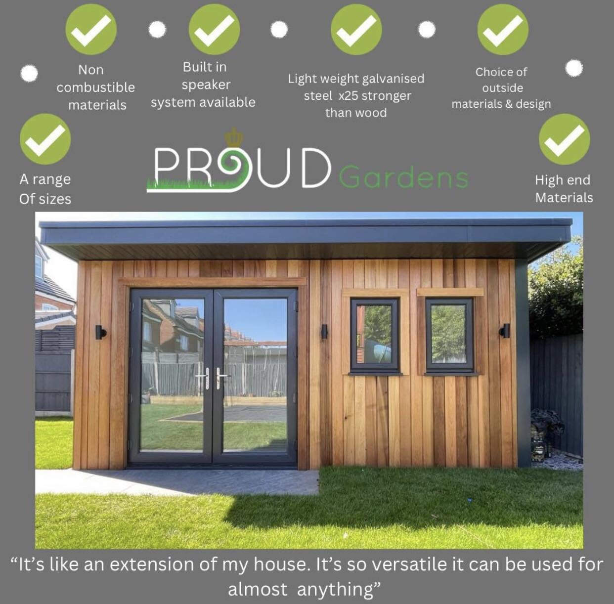 Proud Garden Rooms offer a bespoke service of design, creation and construction of your very own garden indoor living space ✨

They can be used to whatever your heart desire! garden offices, garden studios, garden games rooms, garden bars or pubs, yo
