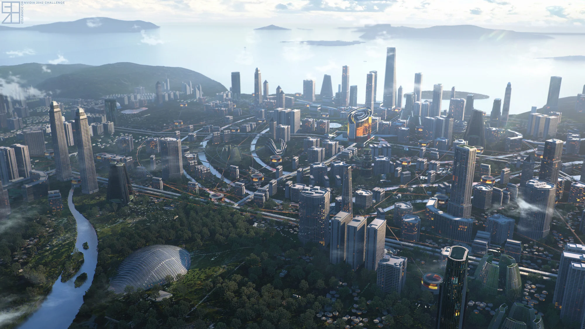 Aerial shot - Nvidia 2042 city