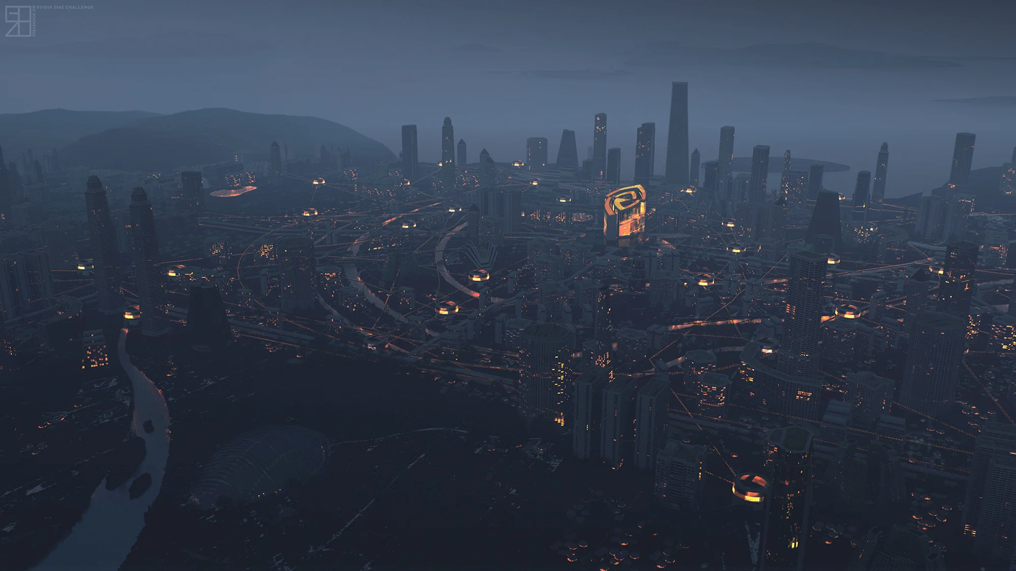 Aerial shot - Nvidia 2042 city - Night version