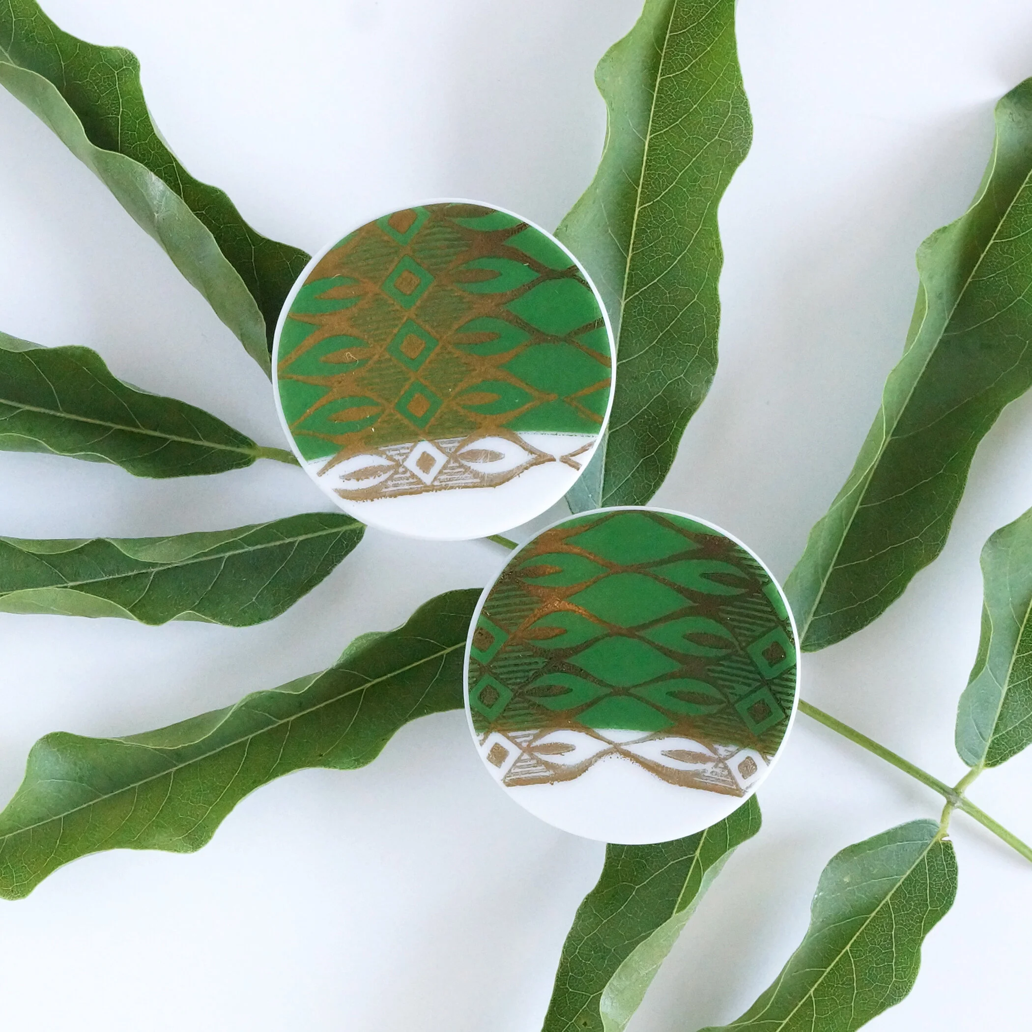 Lucky Post Earrings green and white vintage fine china earrings material and movement