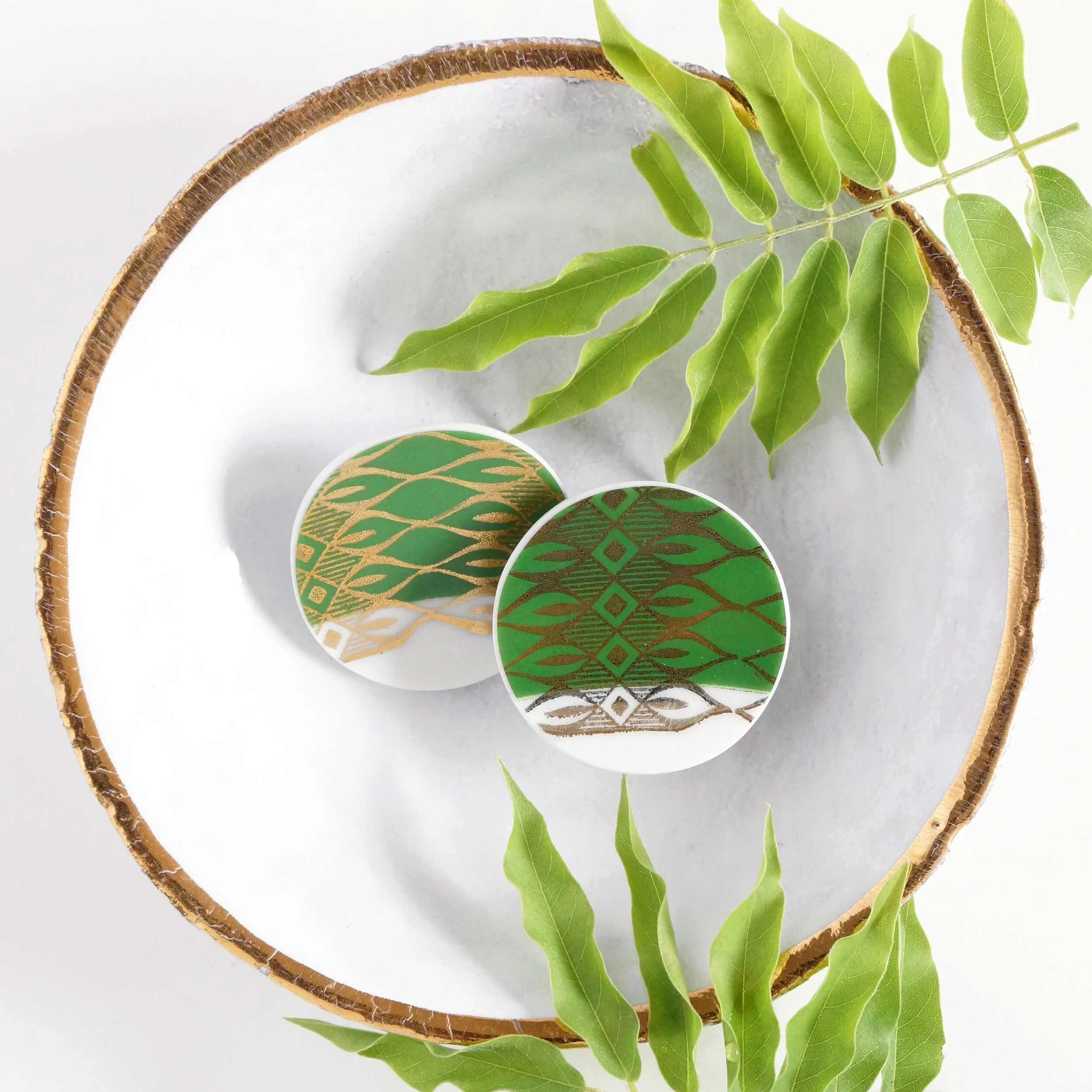 Lucky Post Earrings green and white vintage fine china earrings material and movement