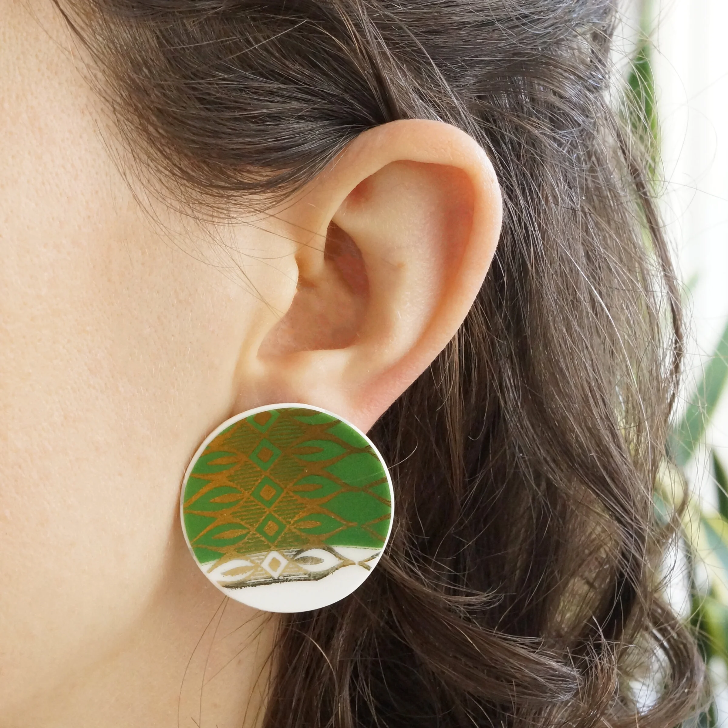 Lucky Post Earrings green and white vintage fine china earrings material and movement