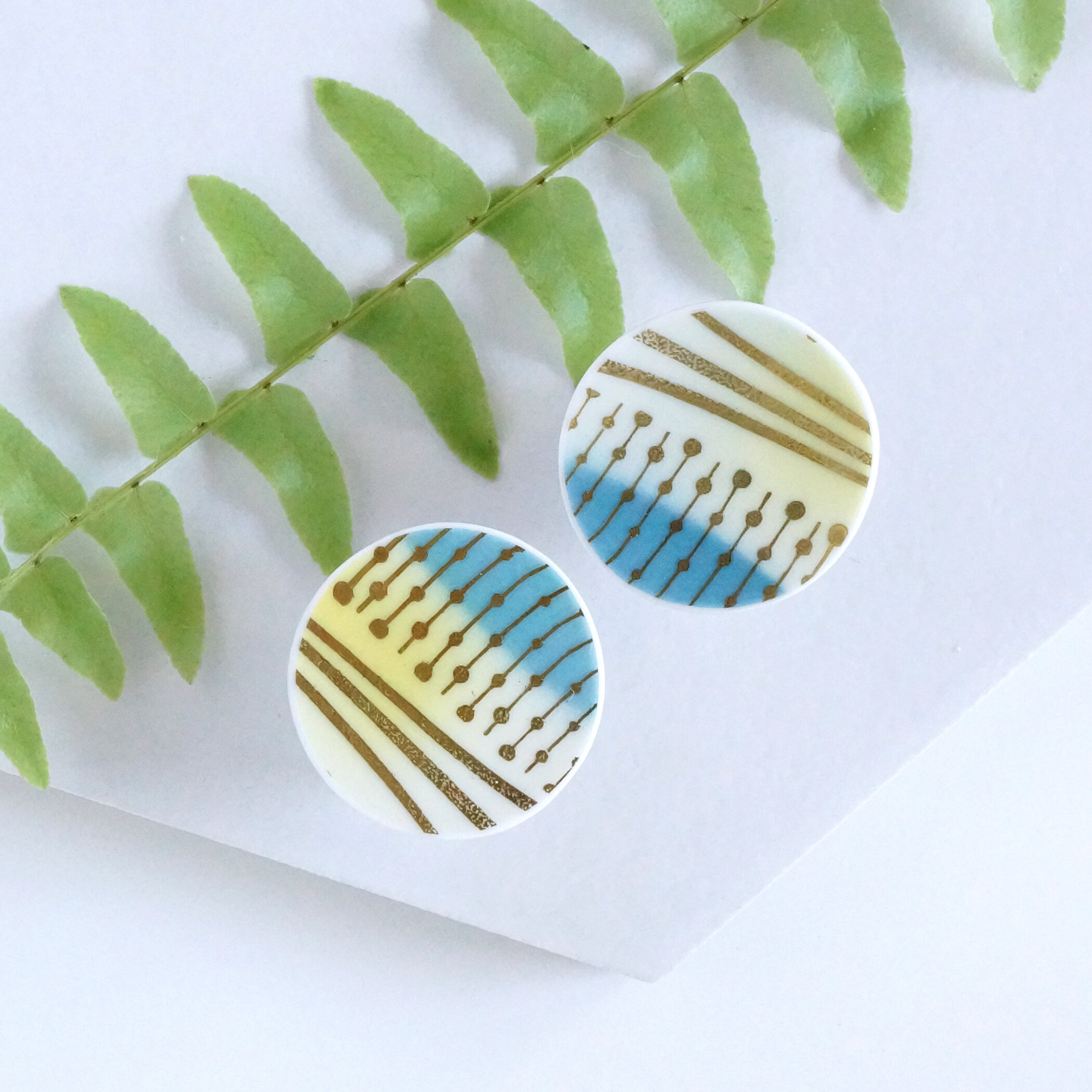 Sanguine Sky and Yellow Post Earrings vintage fine china jewelry material and movement