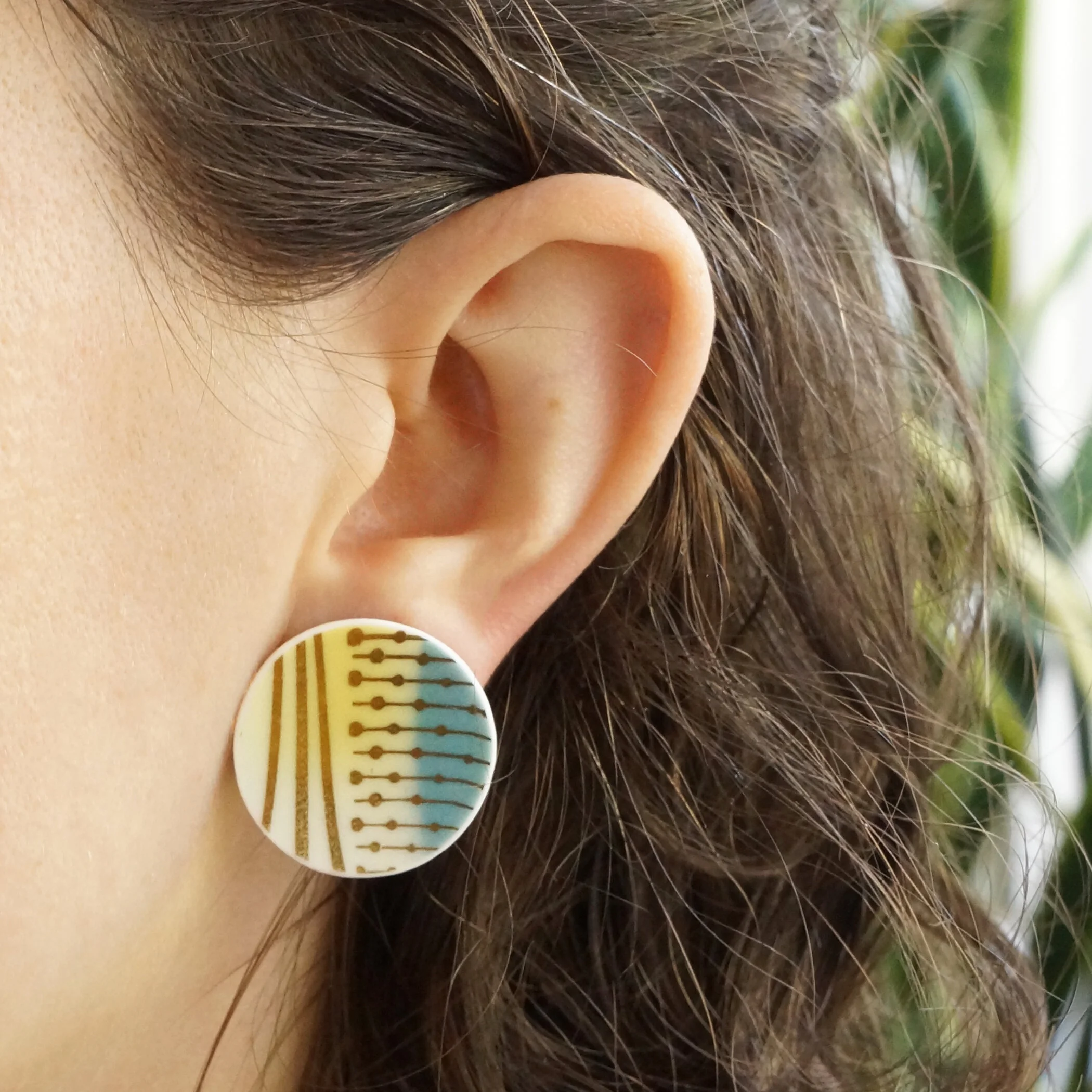 Sanguine Sky and Yellow Post Earrings vintage fine china jewelry material and movement