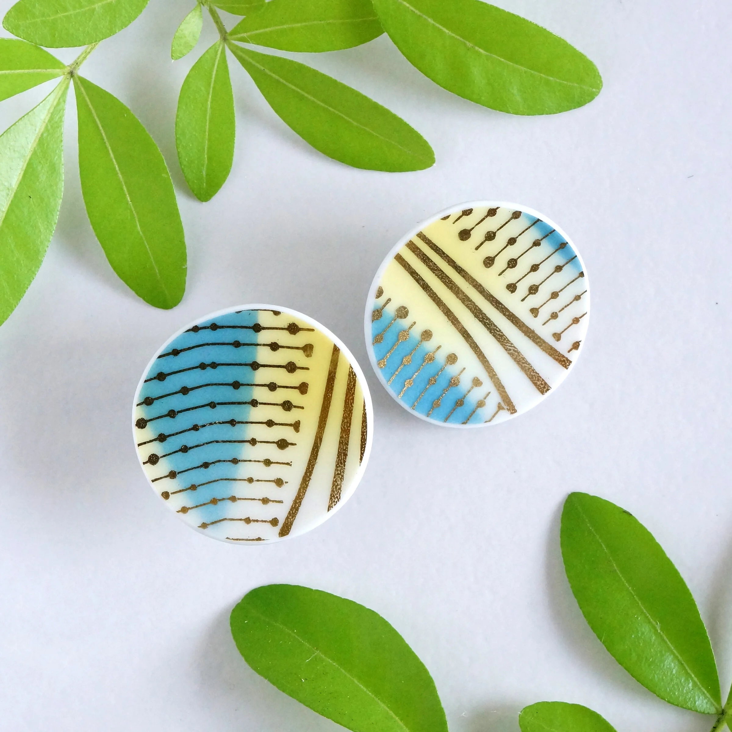 Sanguine Sky and Yellow Post Earrings vintage fine china jewelry material and movement
