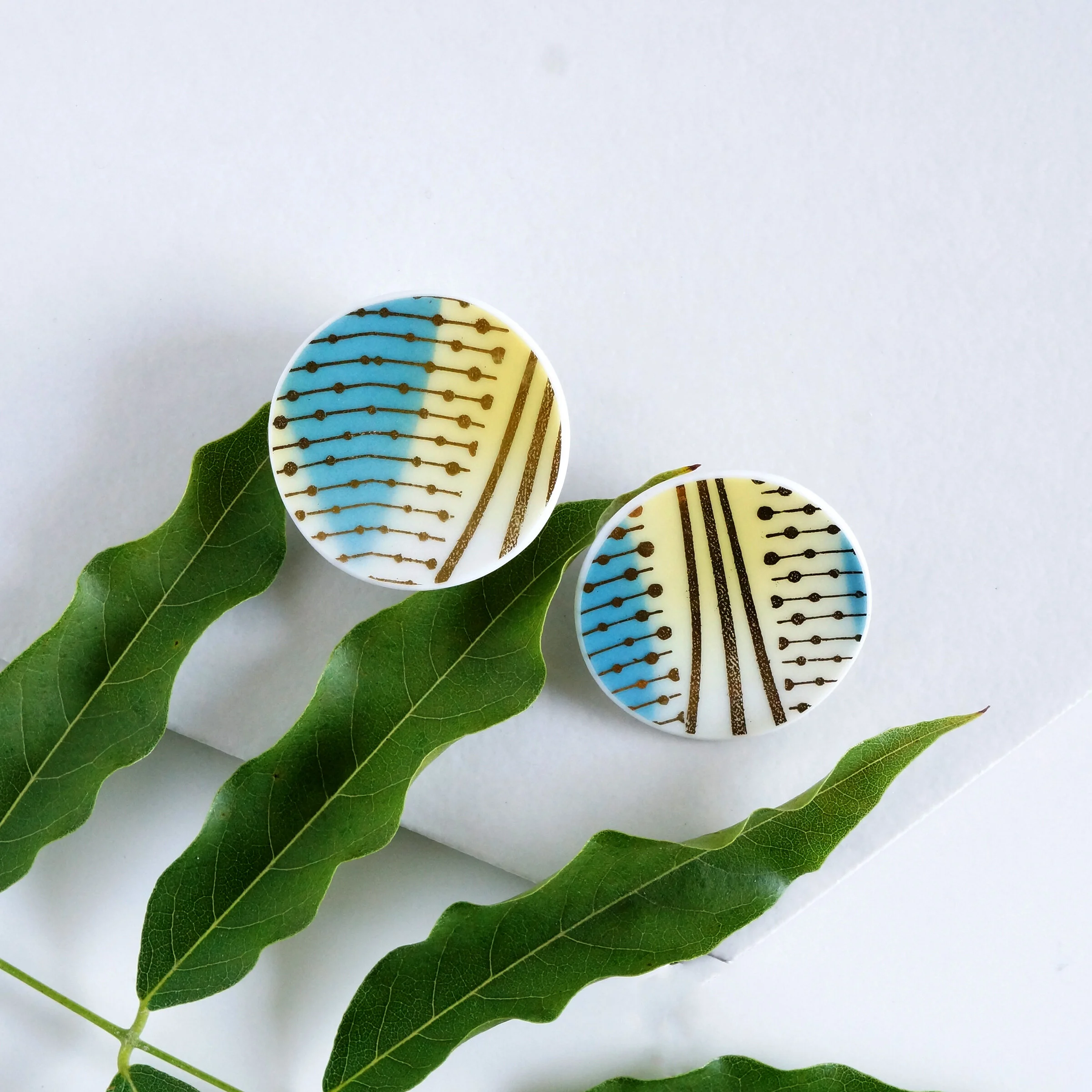 Sanguine Sky and Yellow Post Earrings vintage fine china jewelry material and movement