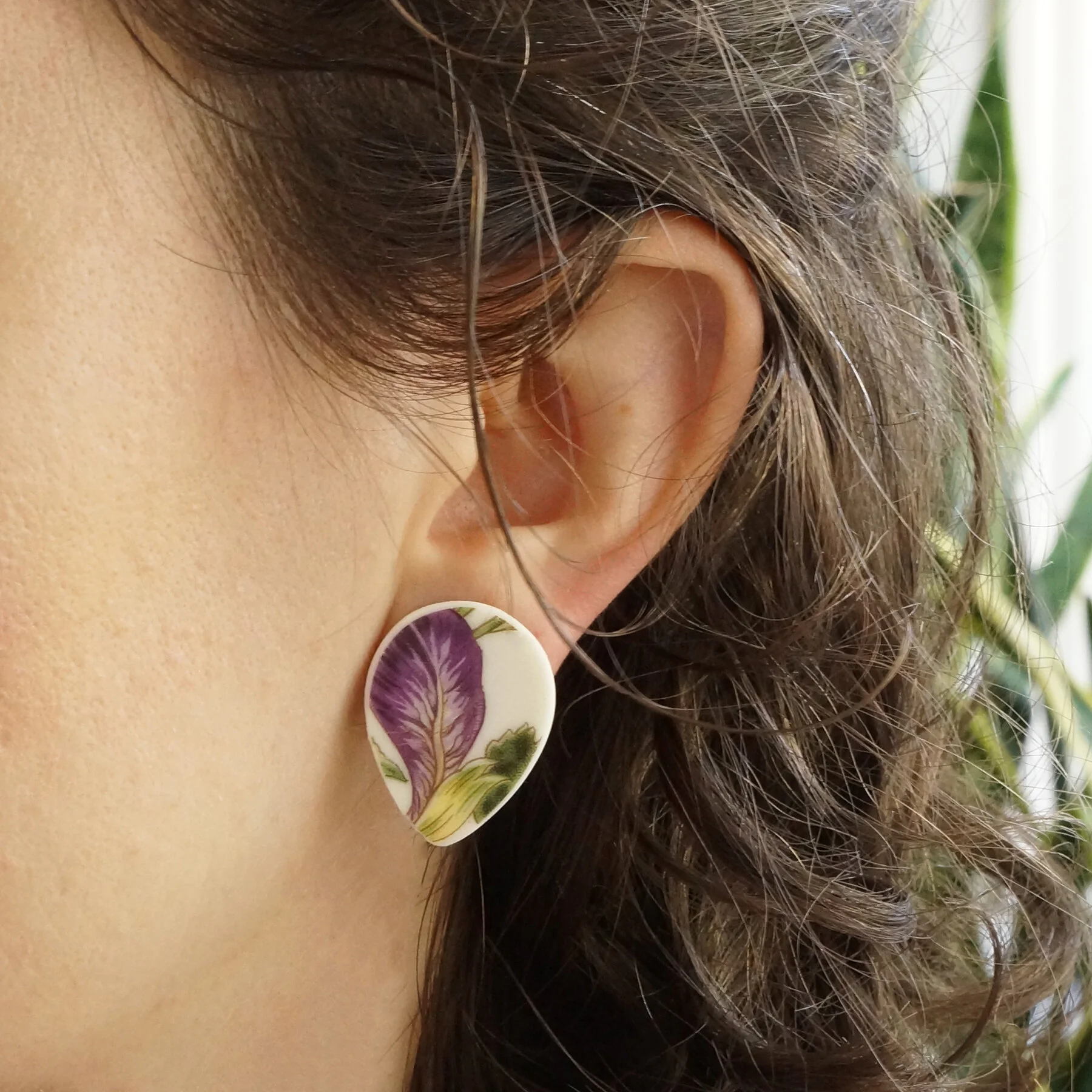 Heliotrope vintage fine china drop post earrings material and movement